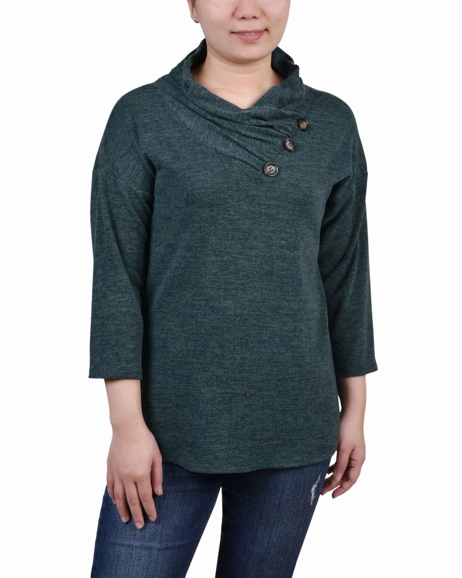 DropShoulderConstruction Petite 3/4 Sleeve Crossover Cowl Neck Top