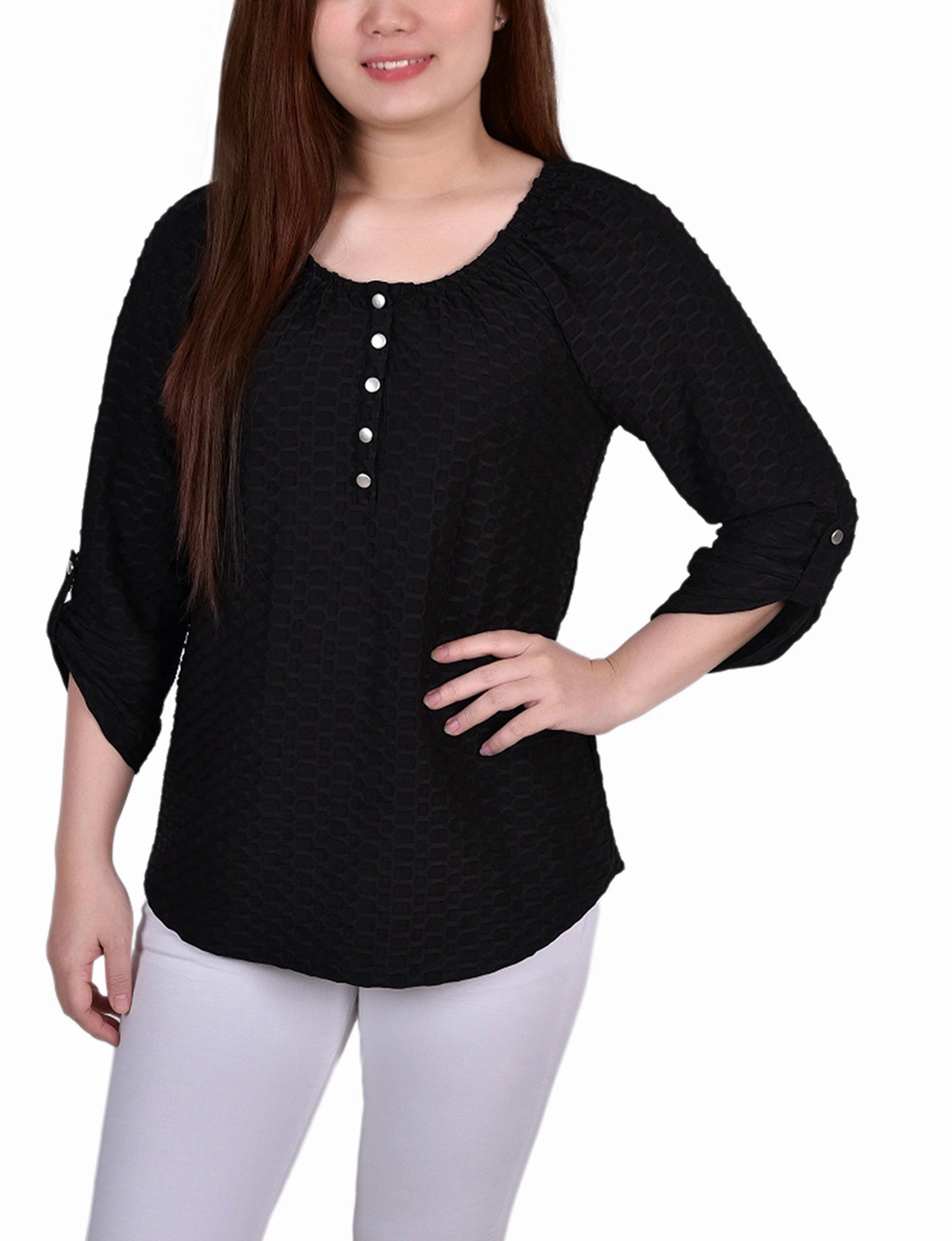 Petite 3/4 Sleeve Honeycomb Top Chic Look Raw Edge Detail