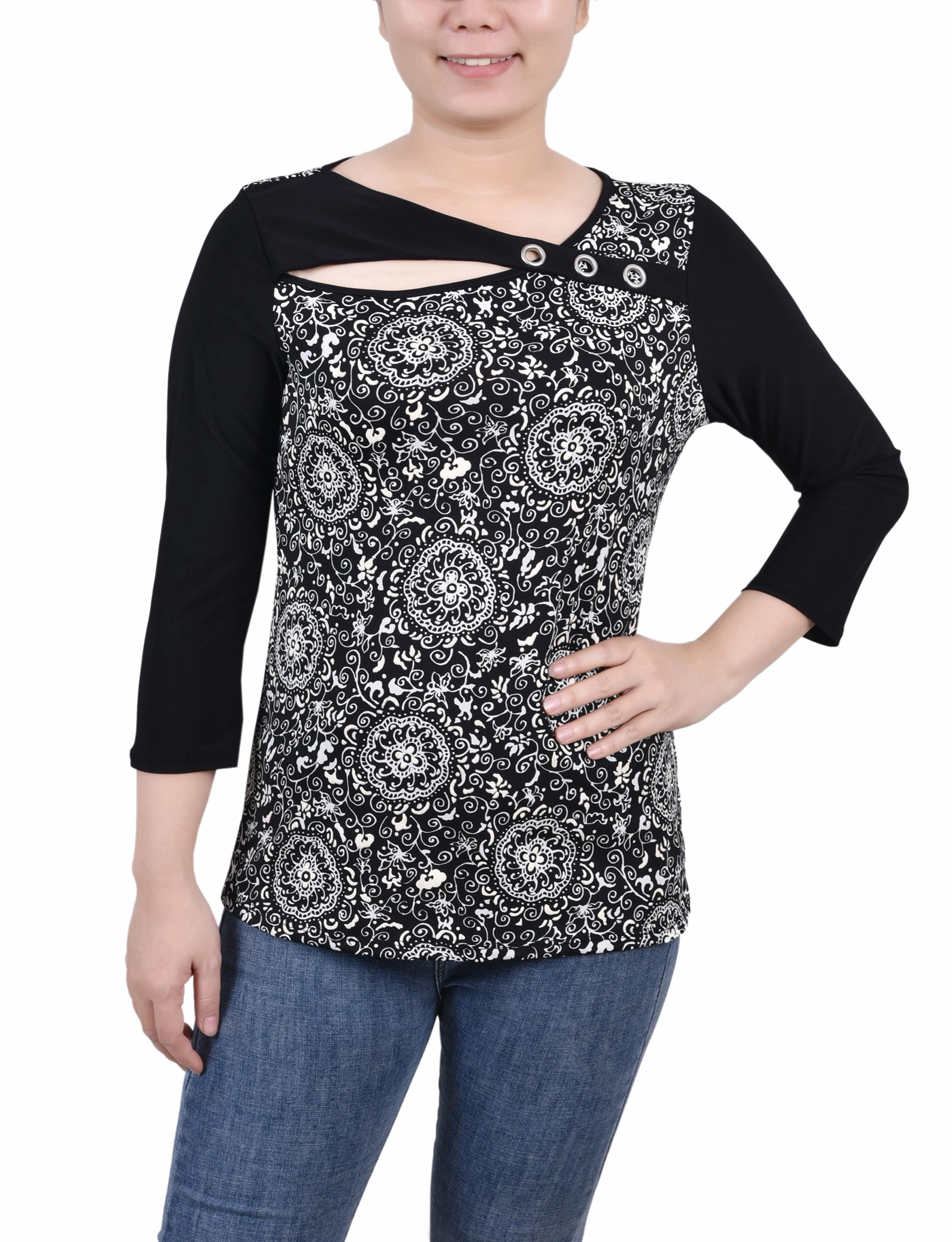 Eco Friendly Fabric Petite 3/4 Sleeve Puff Print Cutout Top
