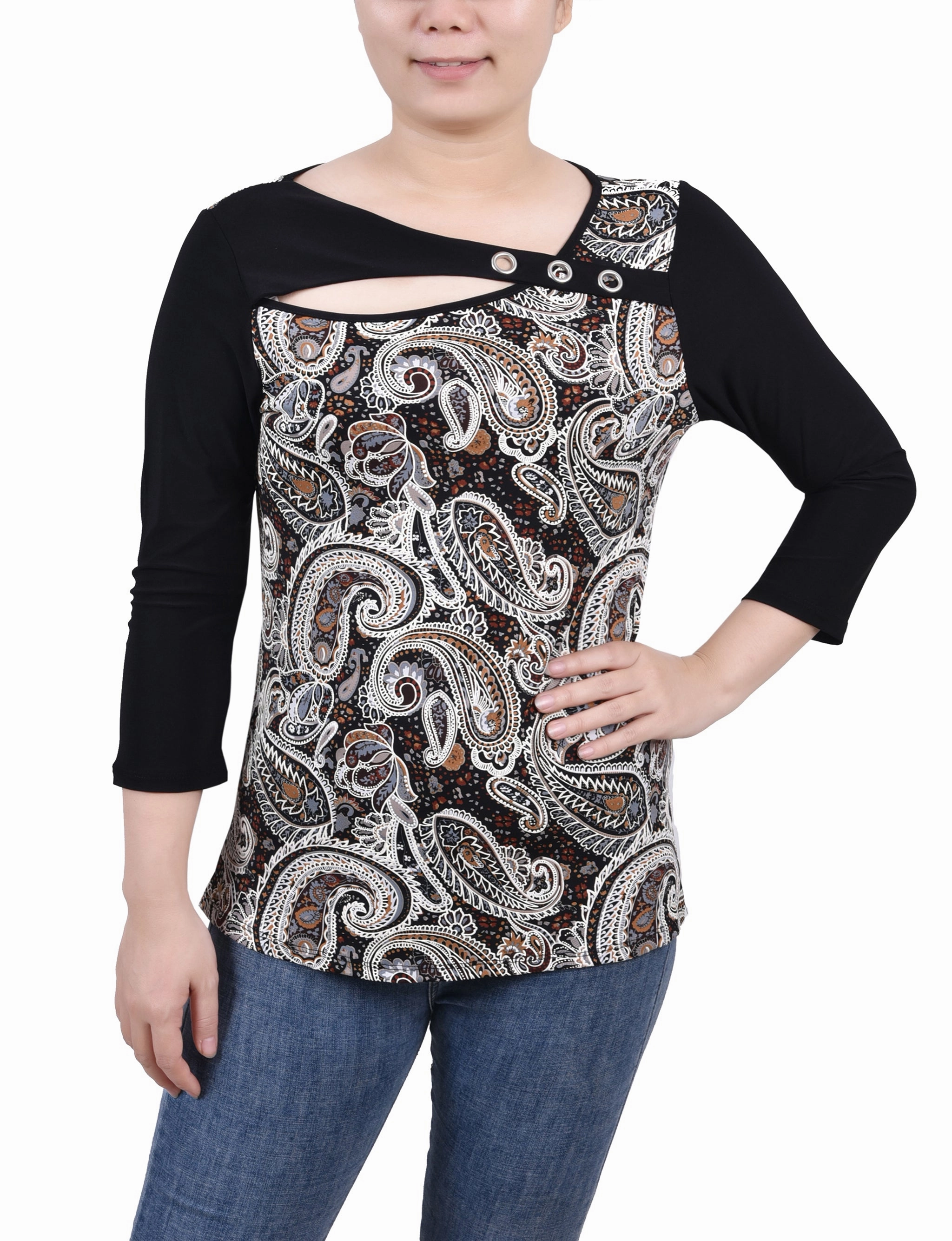 UltraLightweight Petite 3/4 Sleeve Puff Print Cutout Top