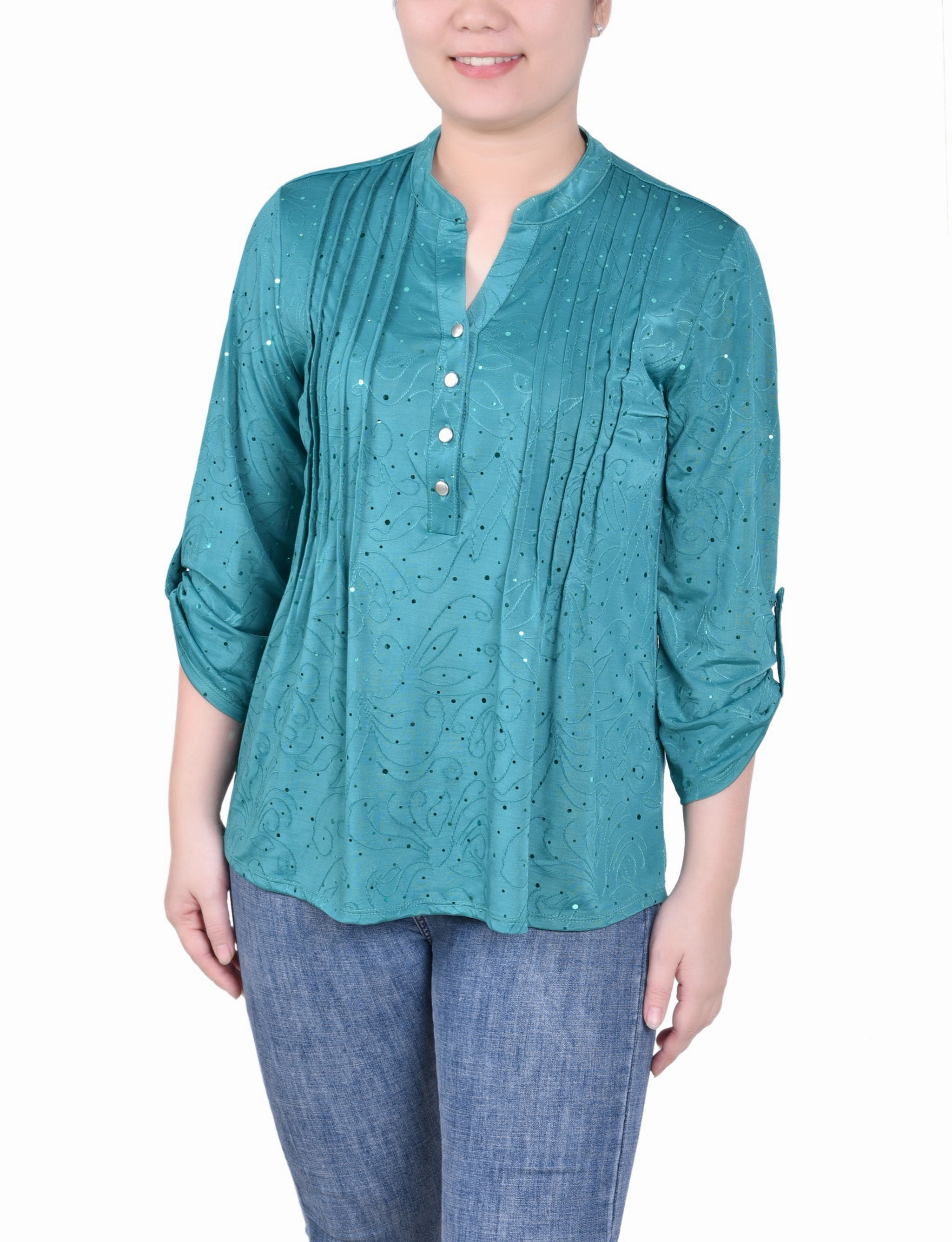 Petite 3/4 Sleeve Roll Tab Y Neck Top Reinforced Hemline