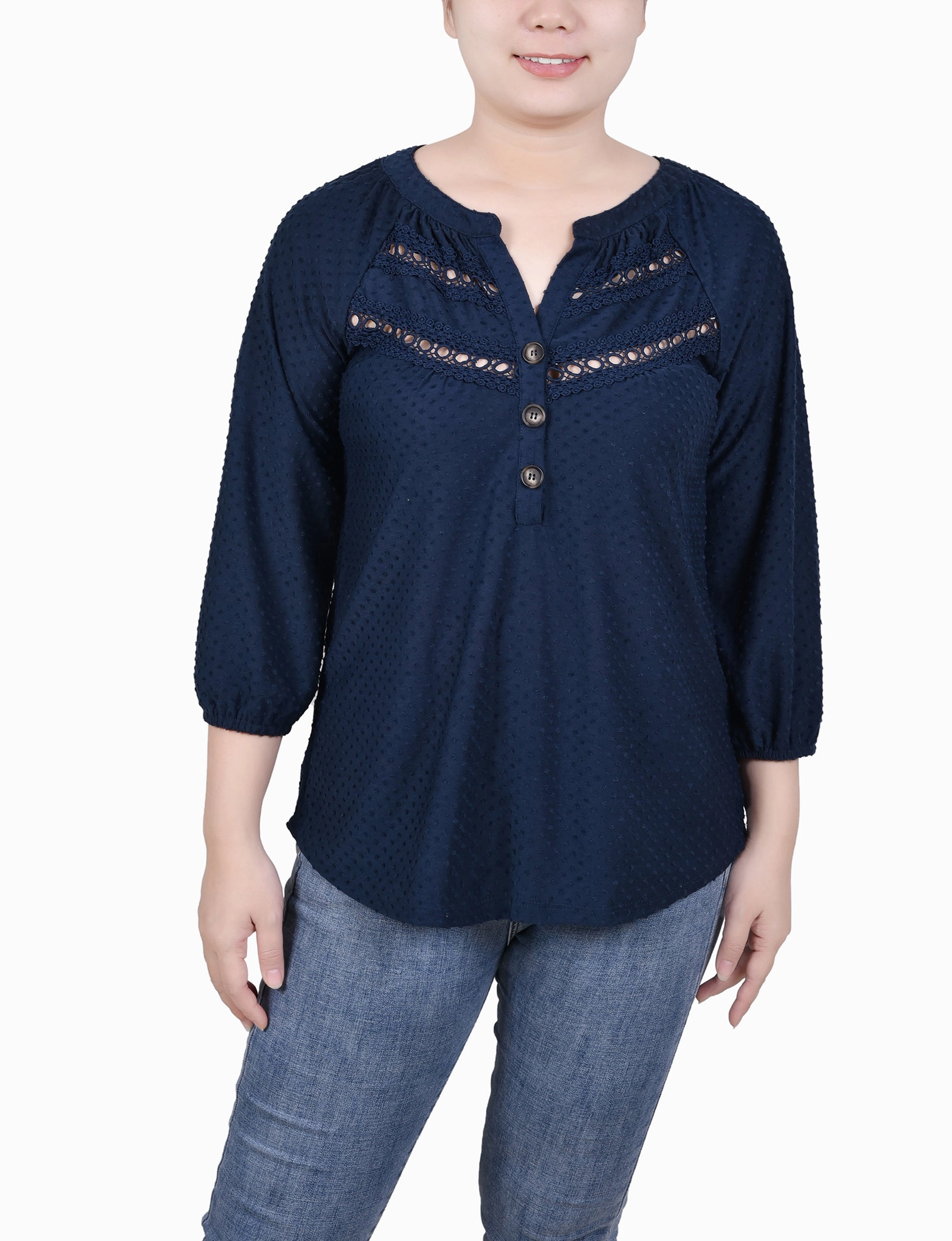 High Density Weave Ribbed Hem Finish Petite 3/4 Sleeve Swiss Dot Top