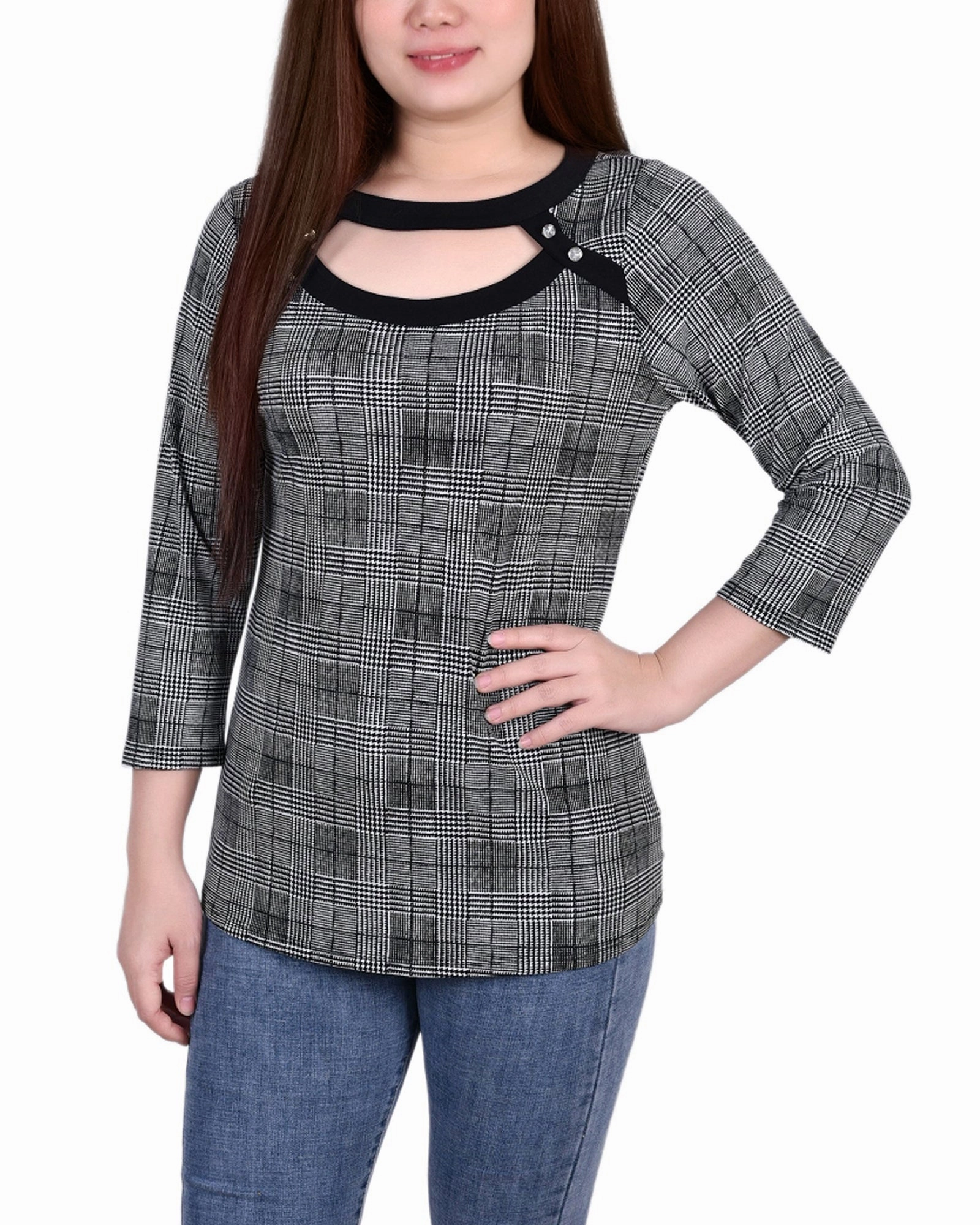 Unstructured Fit Petite 3/4 Sleeve Top With Combo Bands And Front Cutout