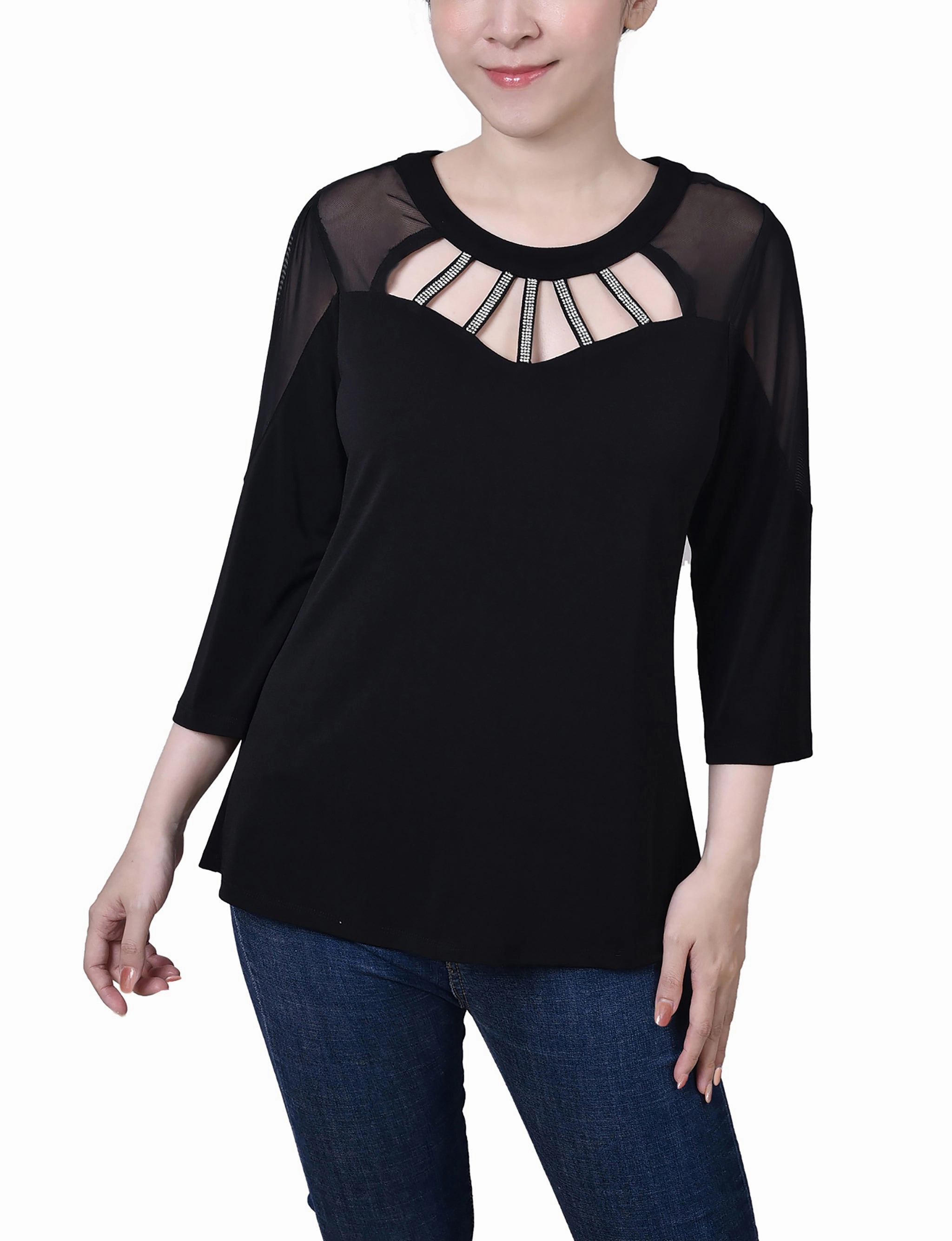 Petite 3/4 Sleeve Top With Neckline Cutouts and Stones FlexibleKnit