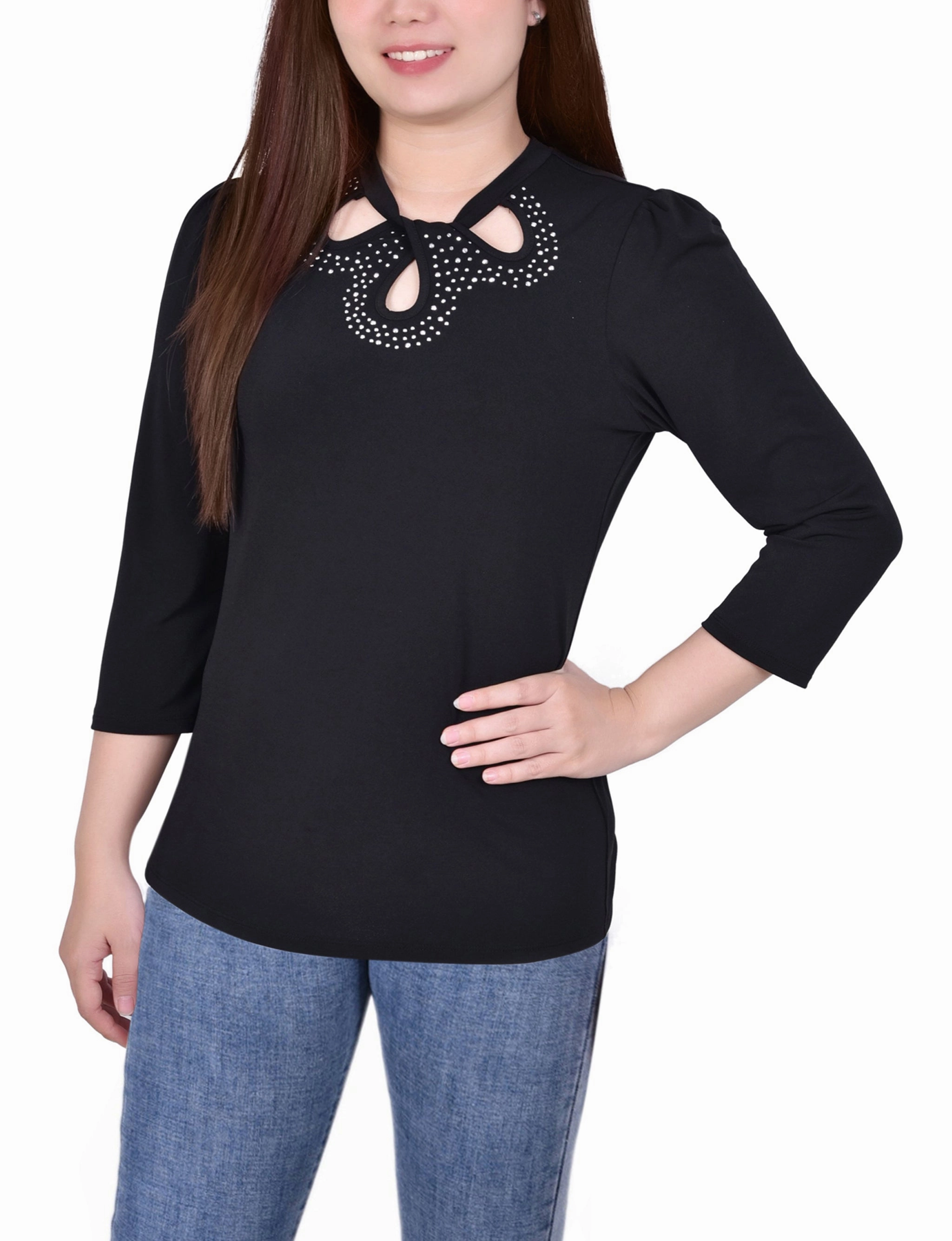 Petite 3/4 Slv Knit Crepe Studded Keyhole Top All Day Comfort StainRepellentCoating