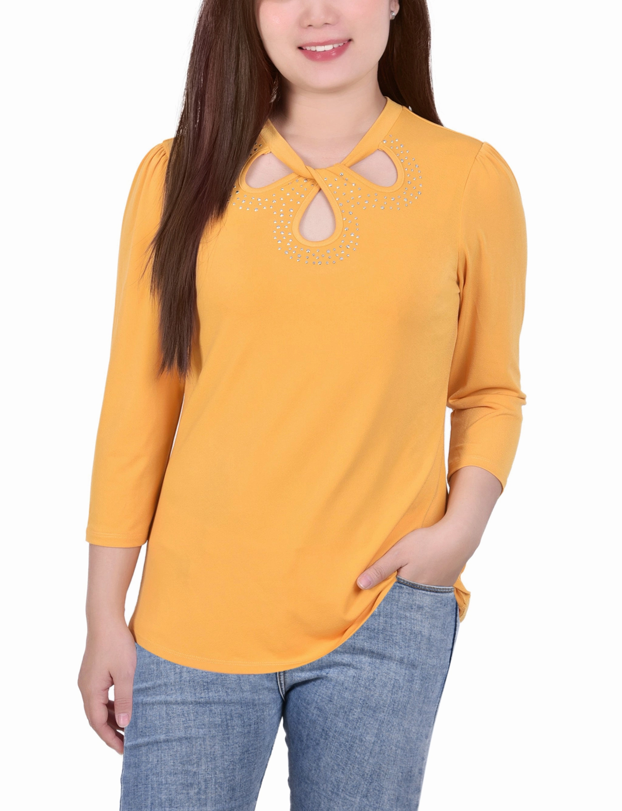 Casual Jacket Sporty Hoodie Petite 3/4 Slv Knit Crepe Studded Keyhole Top