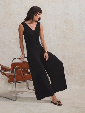 Petite Black Jersey V Neck Jumpsuit Stretchable Knit WideNeckline