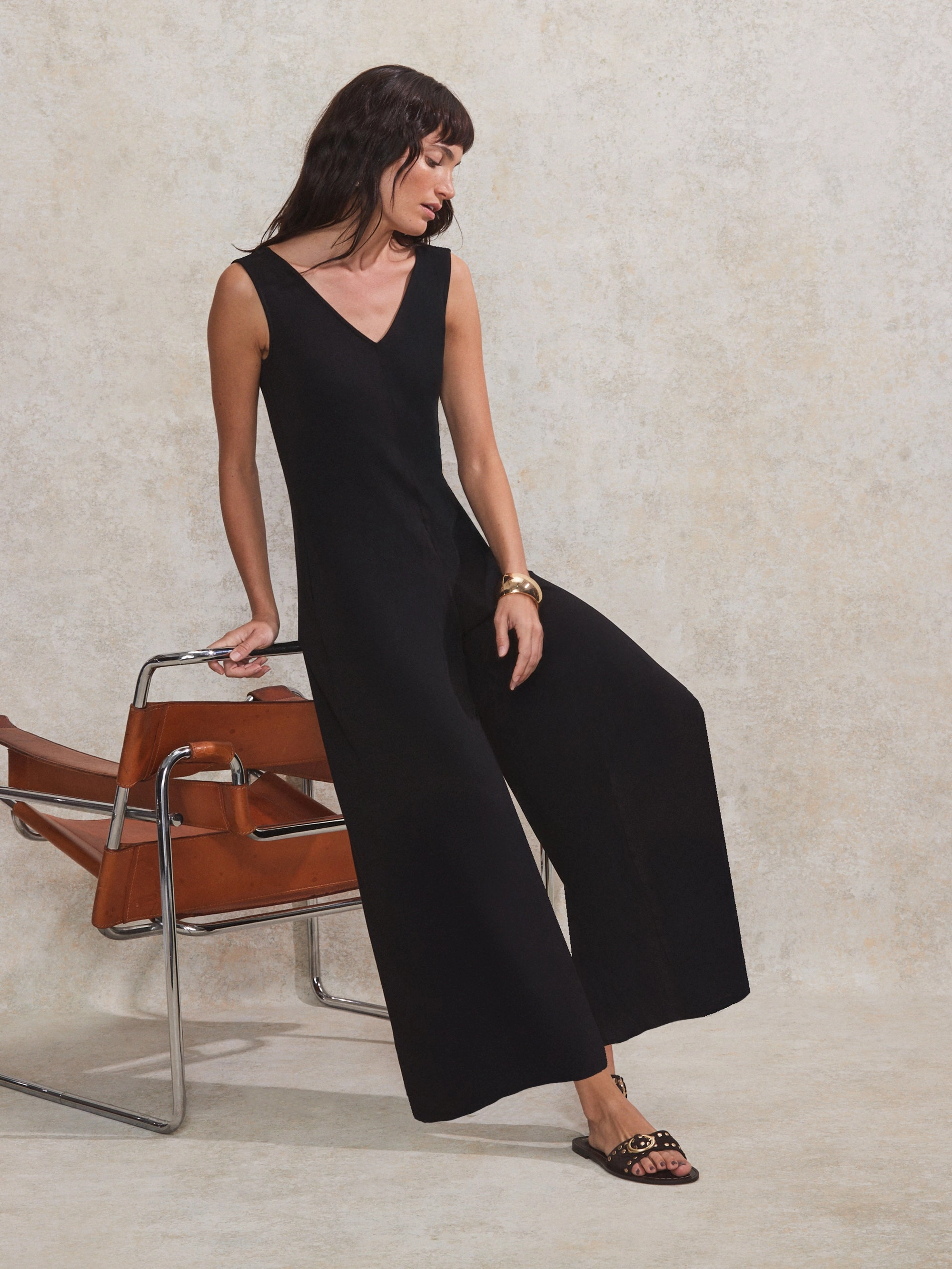 Petite Black Jersey V Neck Jumpsuit Stretchable Knit WideNeckline