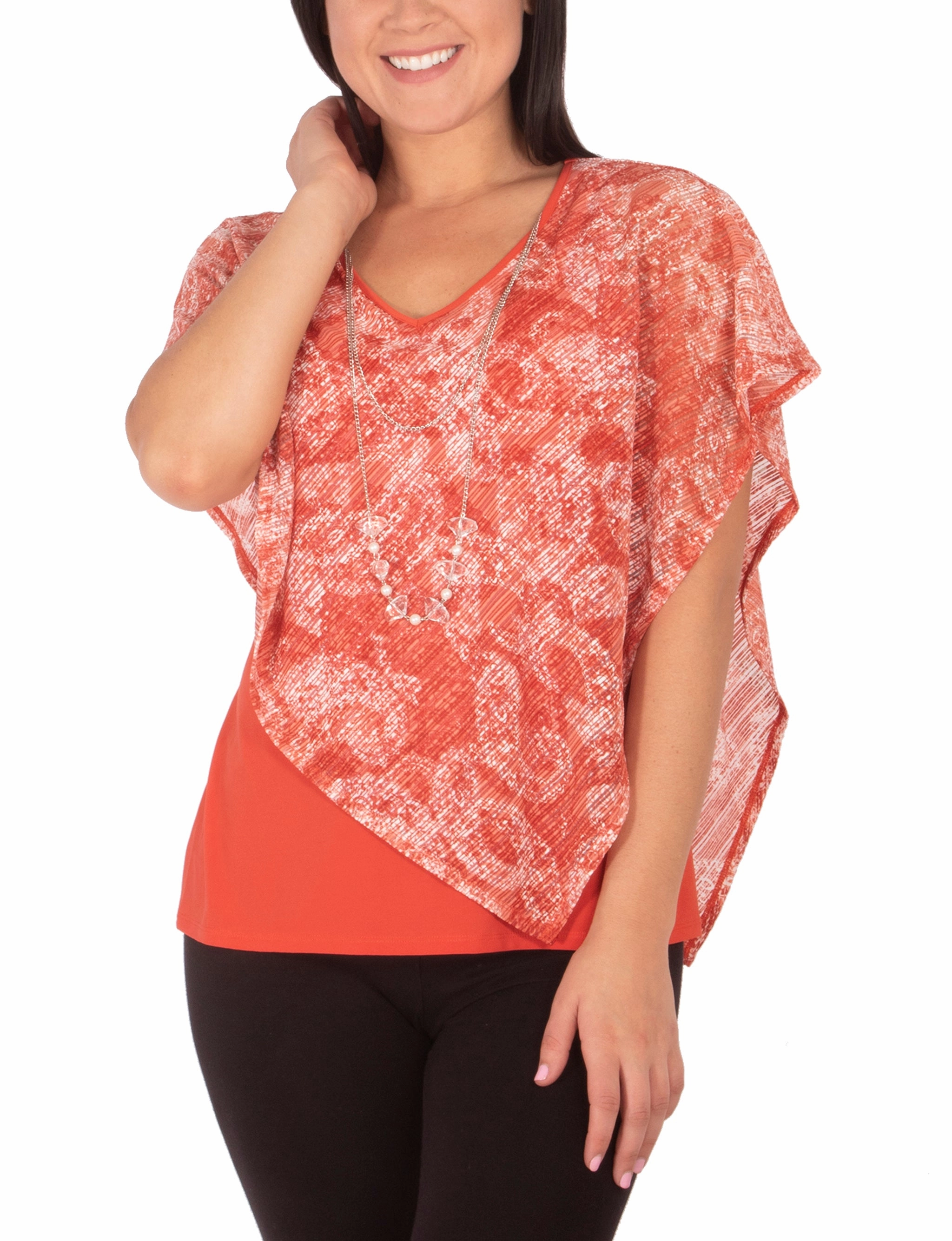 DoubleLayeredFabric Petite Burnout Poncho Top With Removable Necklace