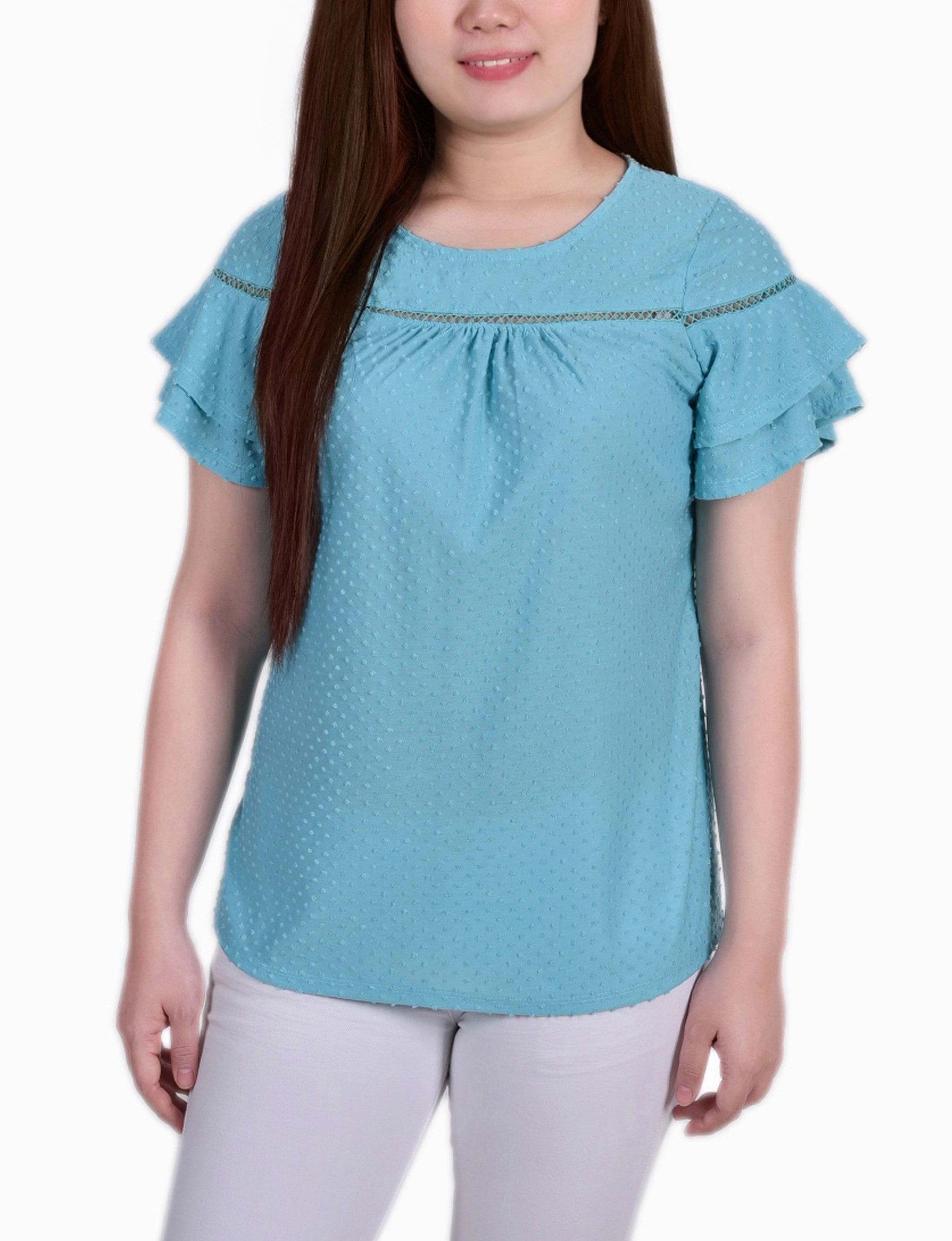 summer top Double Chest Pocket Petite Double Bell Sleeve Swiss Dot Top