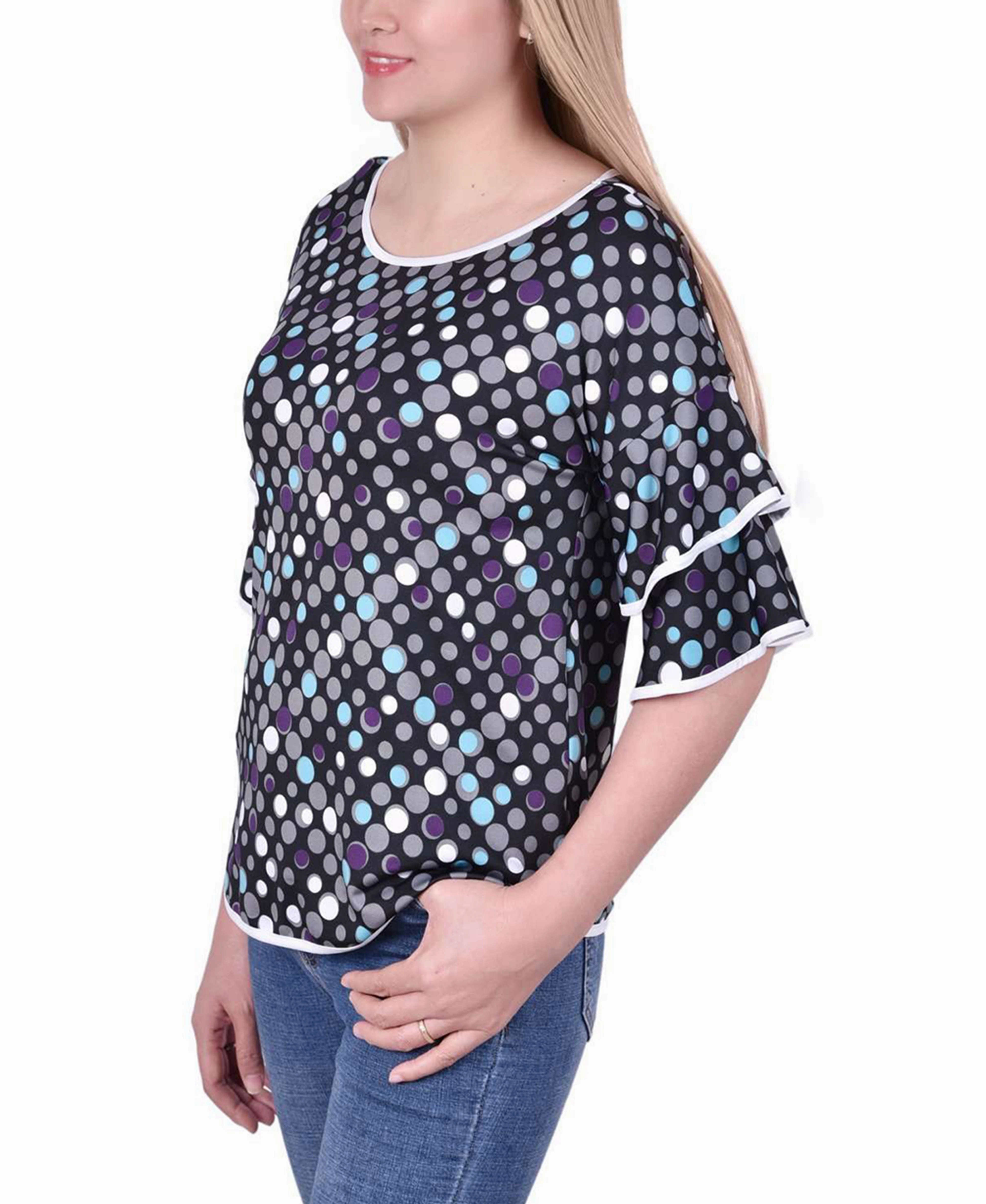 Petite Double Layer Elbow Sleeve Top ContrastPlacket Raw Edge Detail
