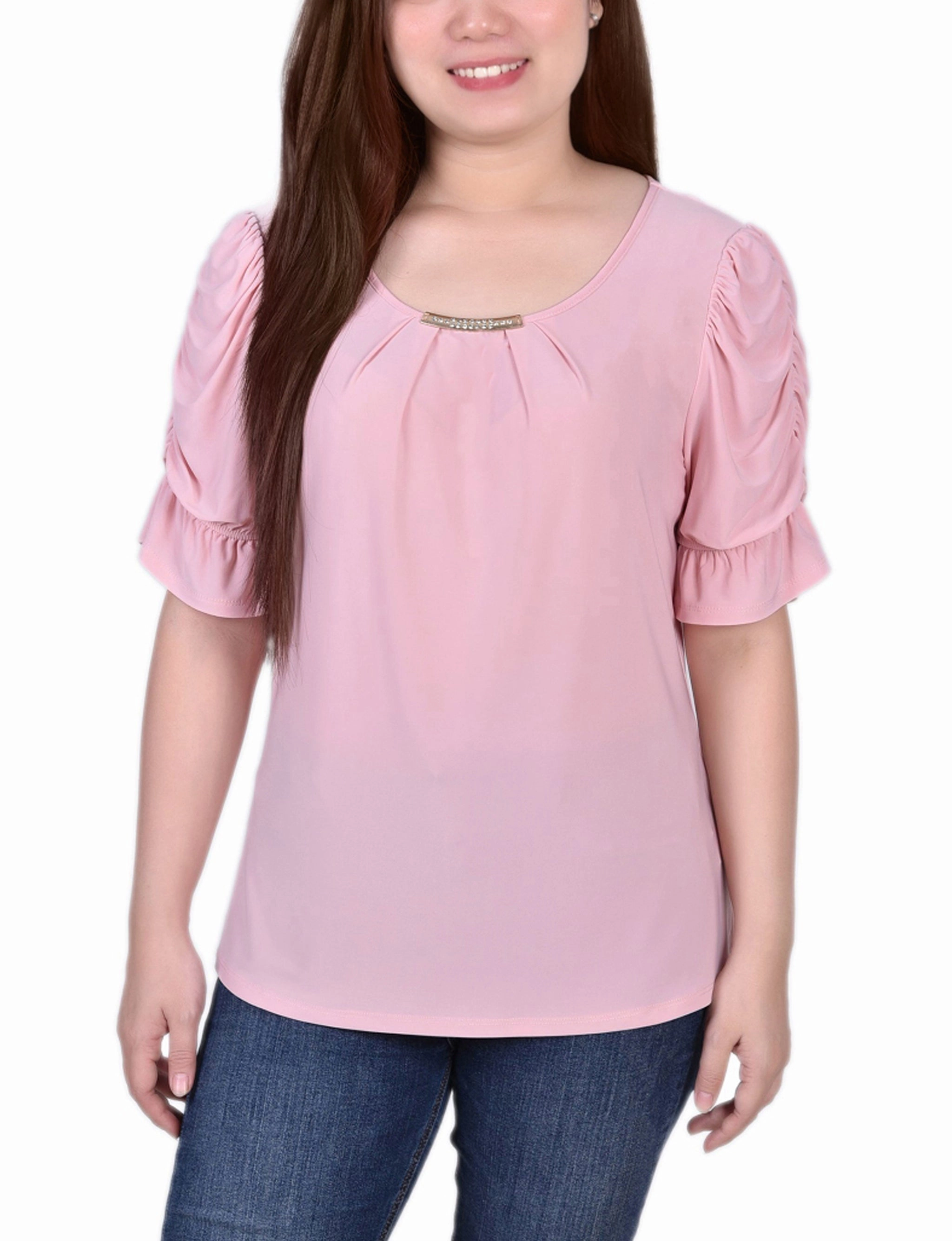 Flatlock Seam Technology Petite Elbow Cuffed Sleeve Hardware Top