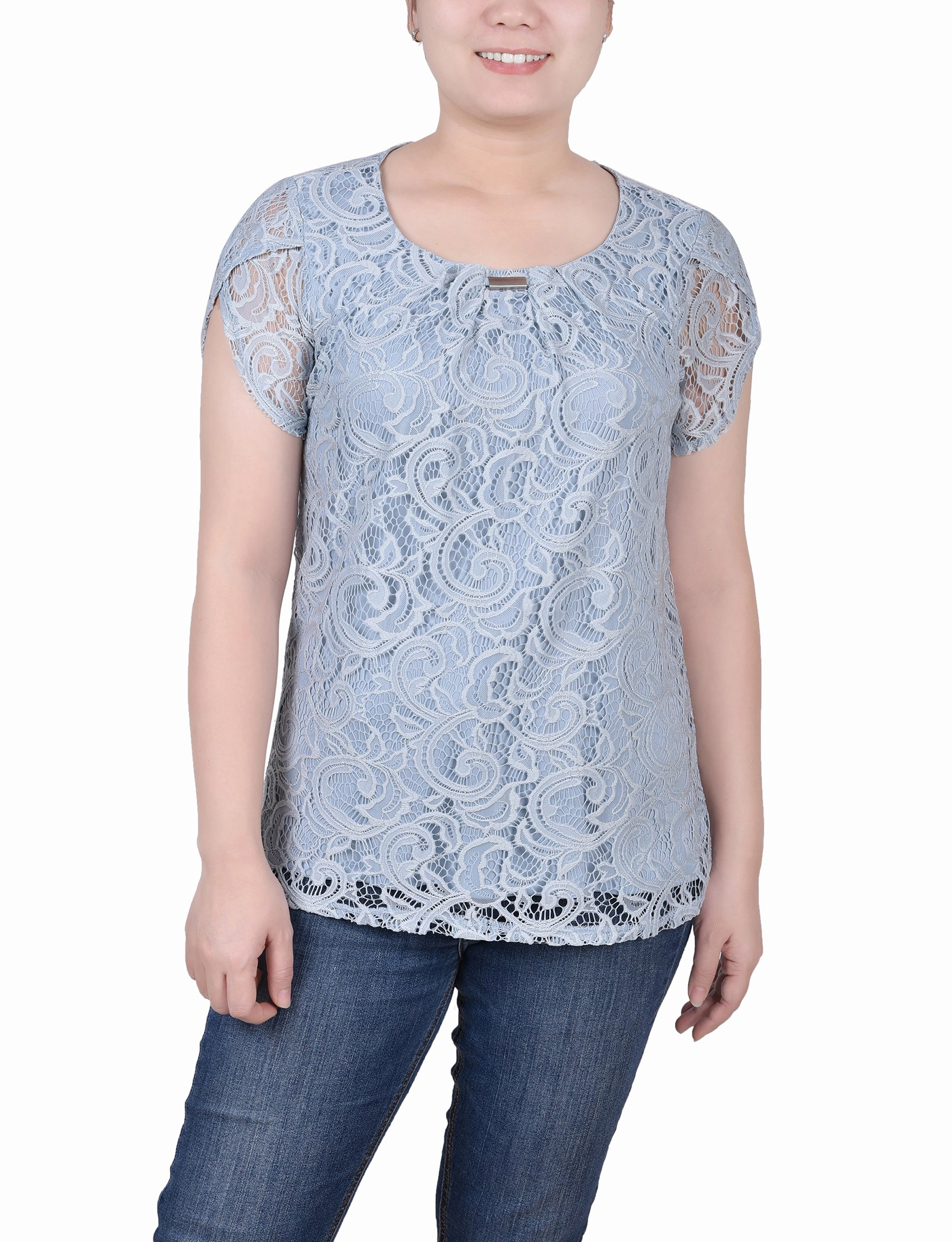 FlexibleNeckline Petite Lace Petal Sleeve Top