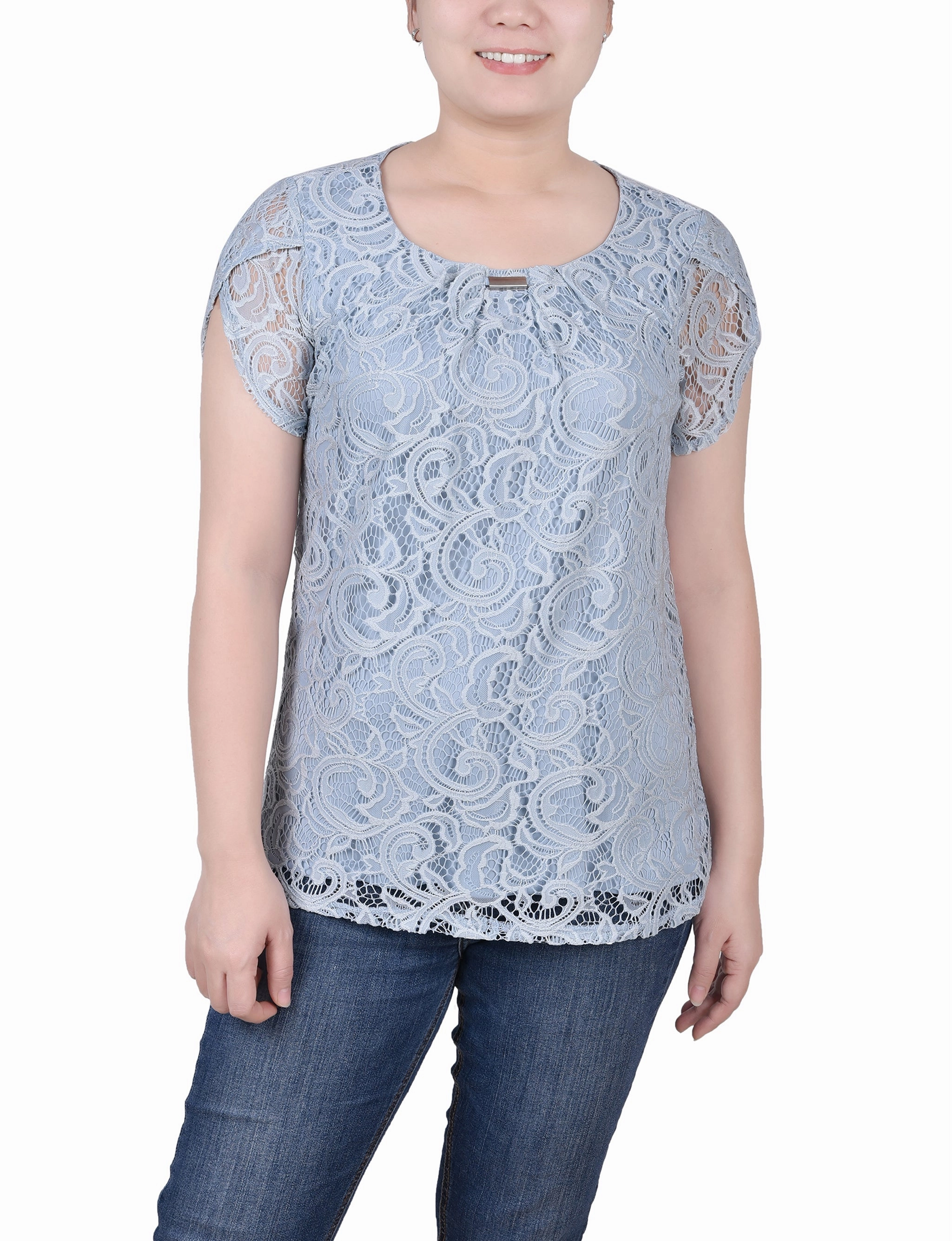FullCut Shoulder Recycled Polyester Blend Petite Lace Petal Sleeve Top