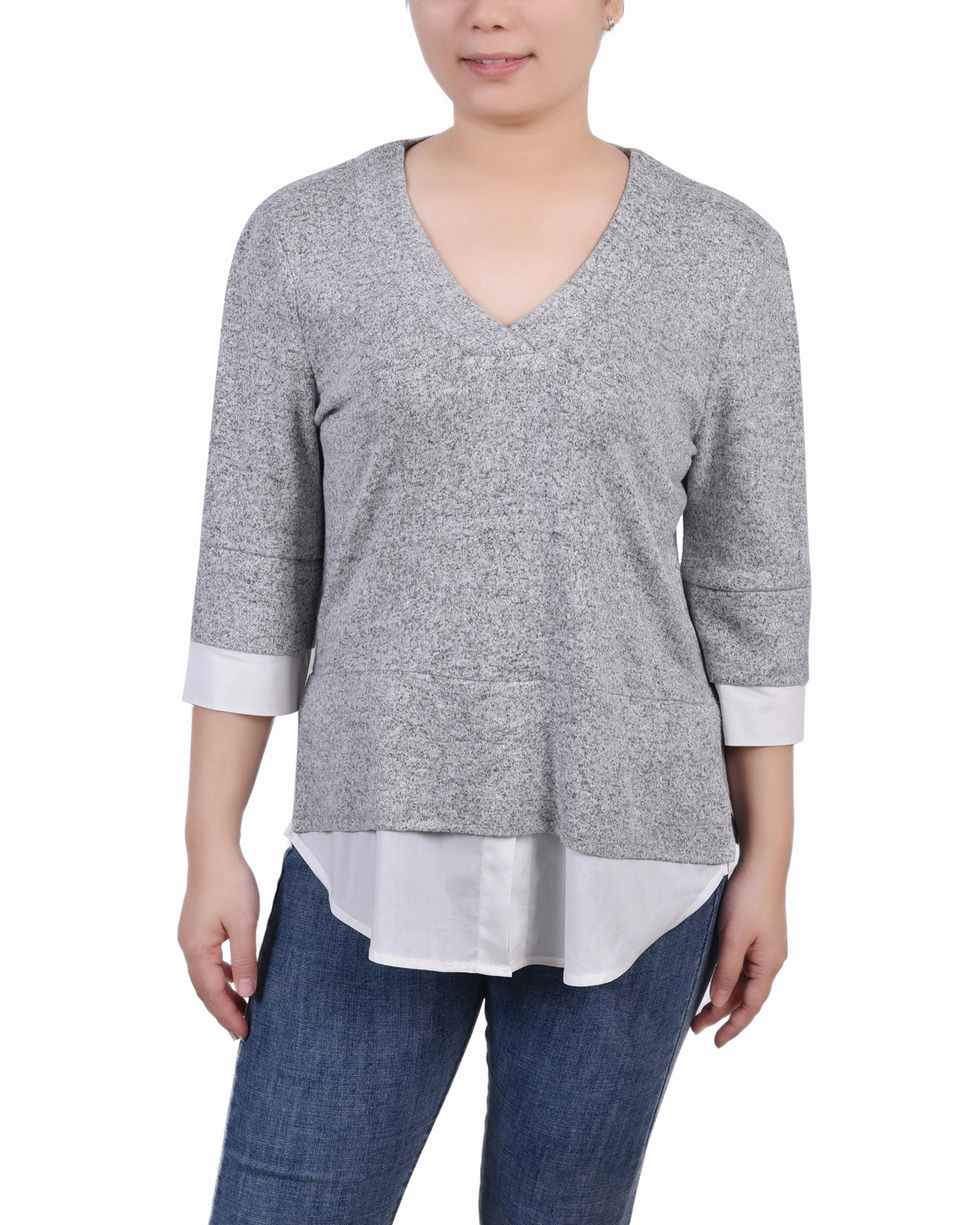 Petite Long Sleeve 2-In 1 Top Simple Style Bonded Seam Innovation