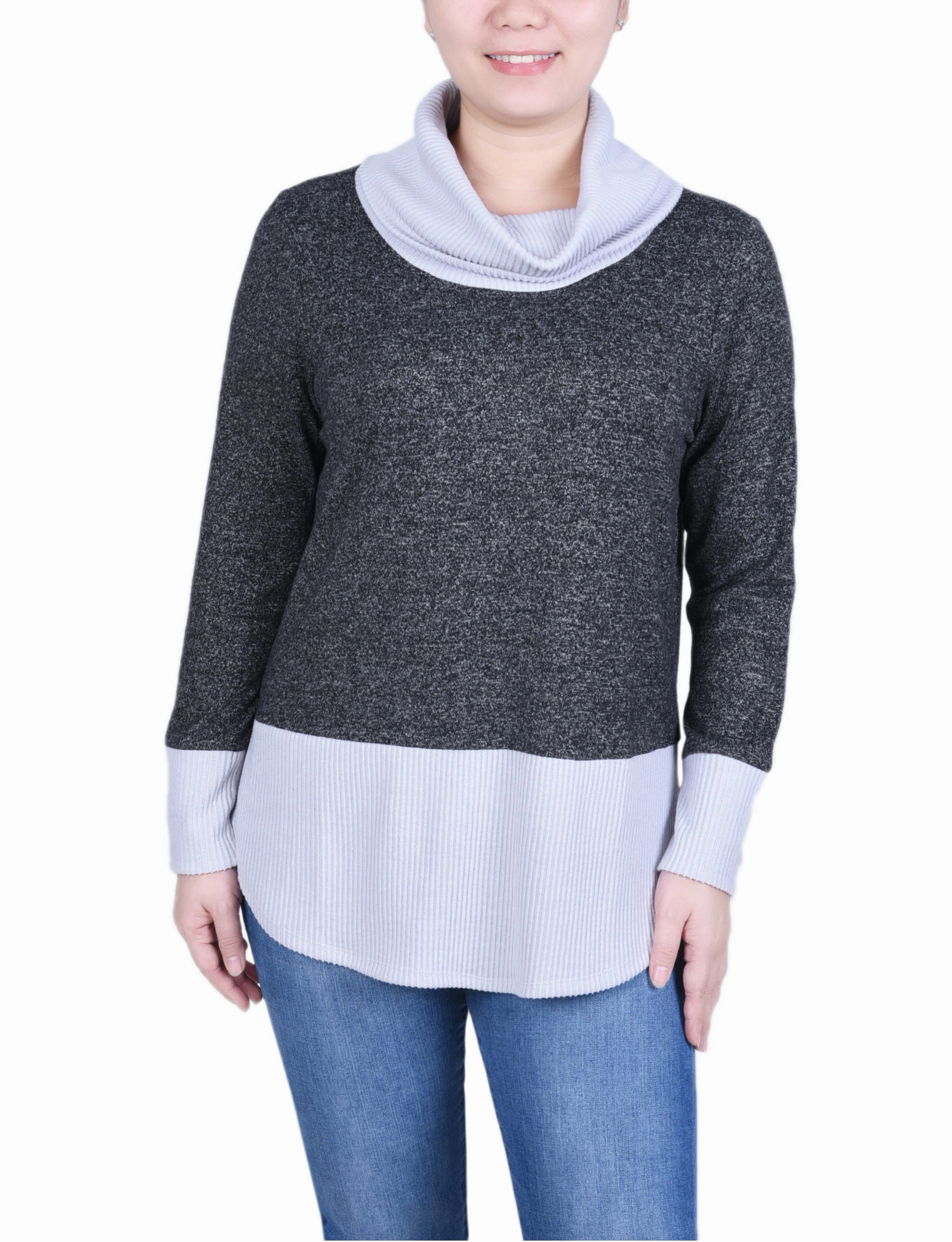 Petite Long Sleeve Cowl Neck Colorblocked Top DoubleLayered Collar Convertible Neckline