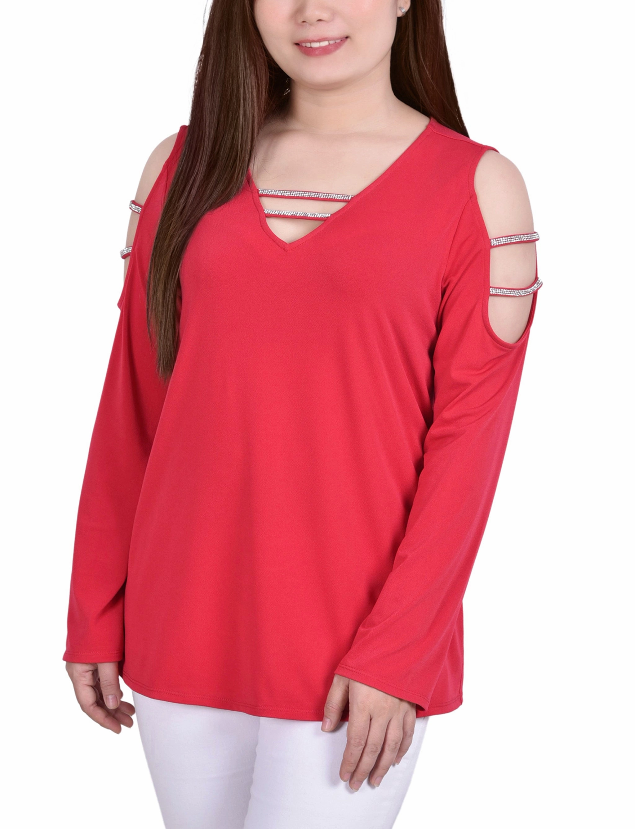 Stylish Tank Petite Long Sleeve Knit Crepe Rhinestone Top