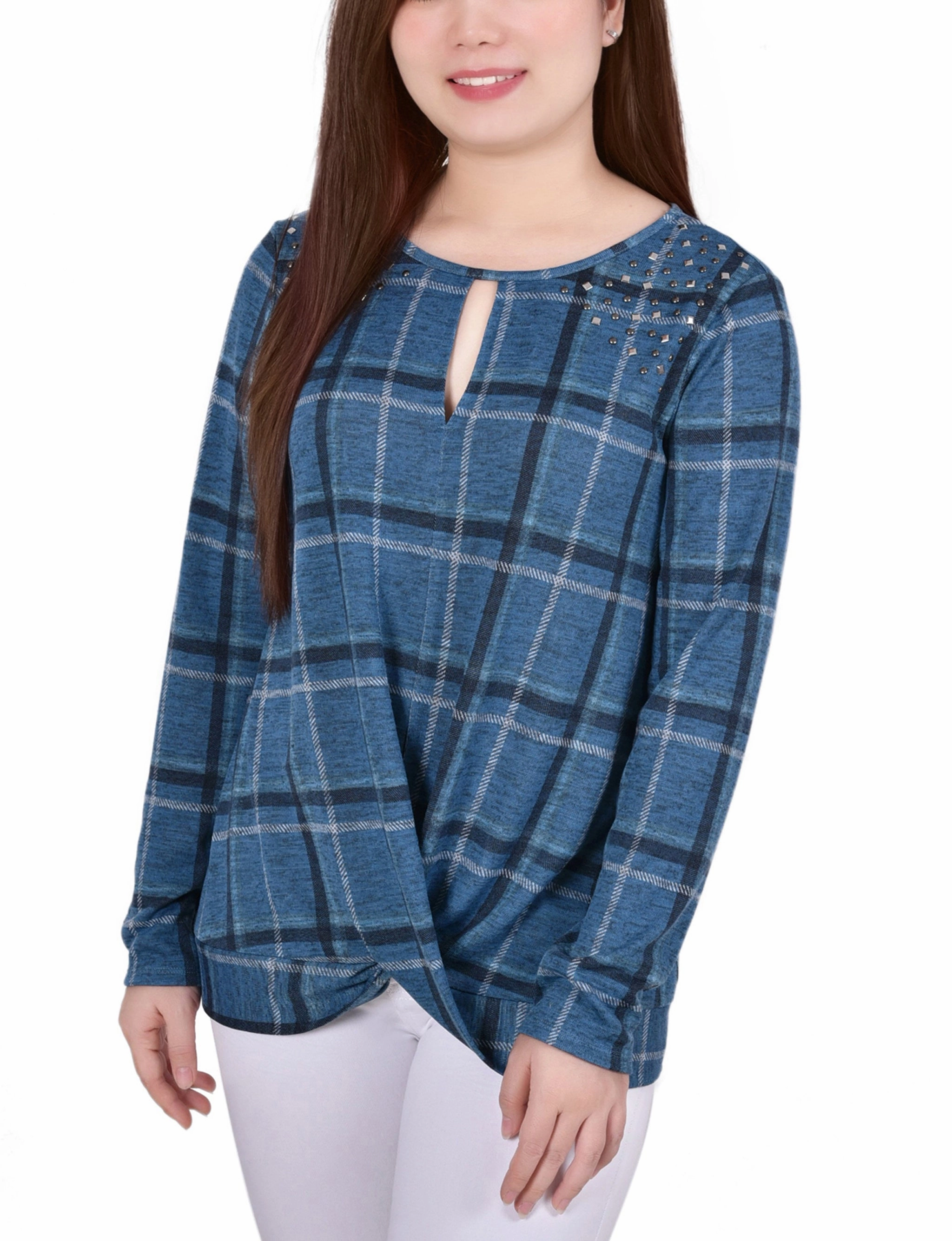 NonScratchyLining Petite Long Sleeve Knit Keyhole Top With Studs