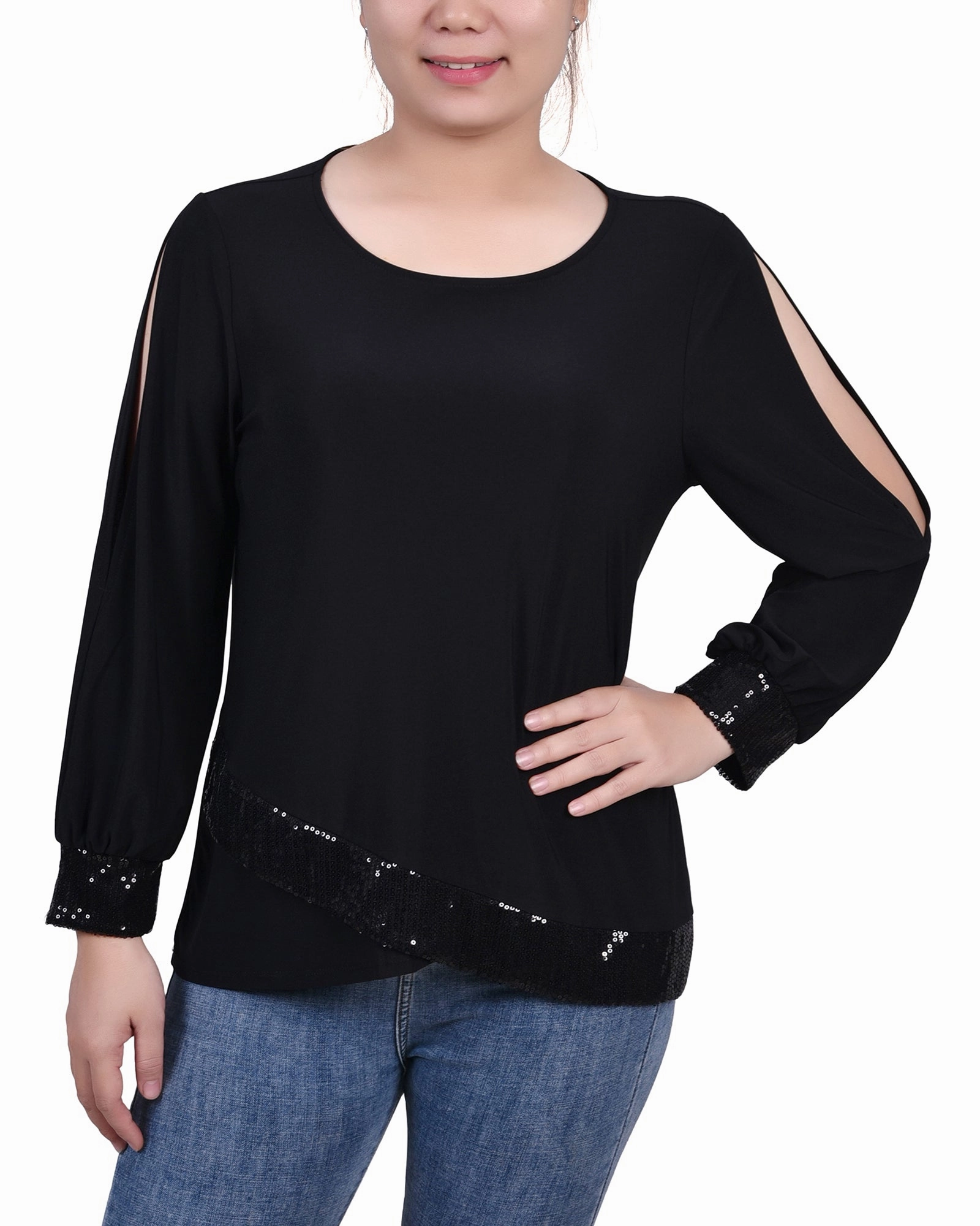 Petite Long Sleeve Knit Top With Sequin Hem Adaptive Waistband
