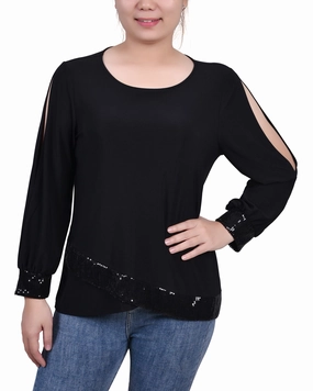 Soft Material Petite Long Sleeve Knit Top With Sequin Hem