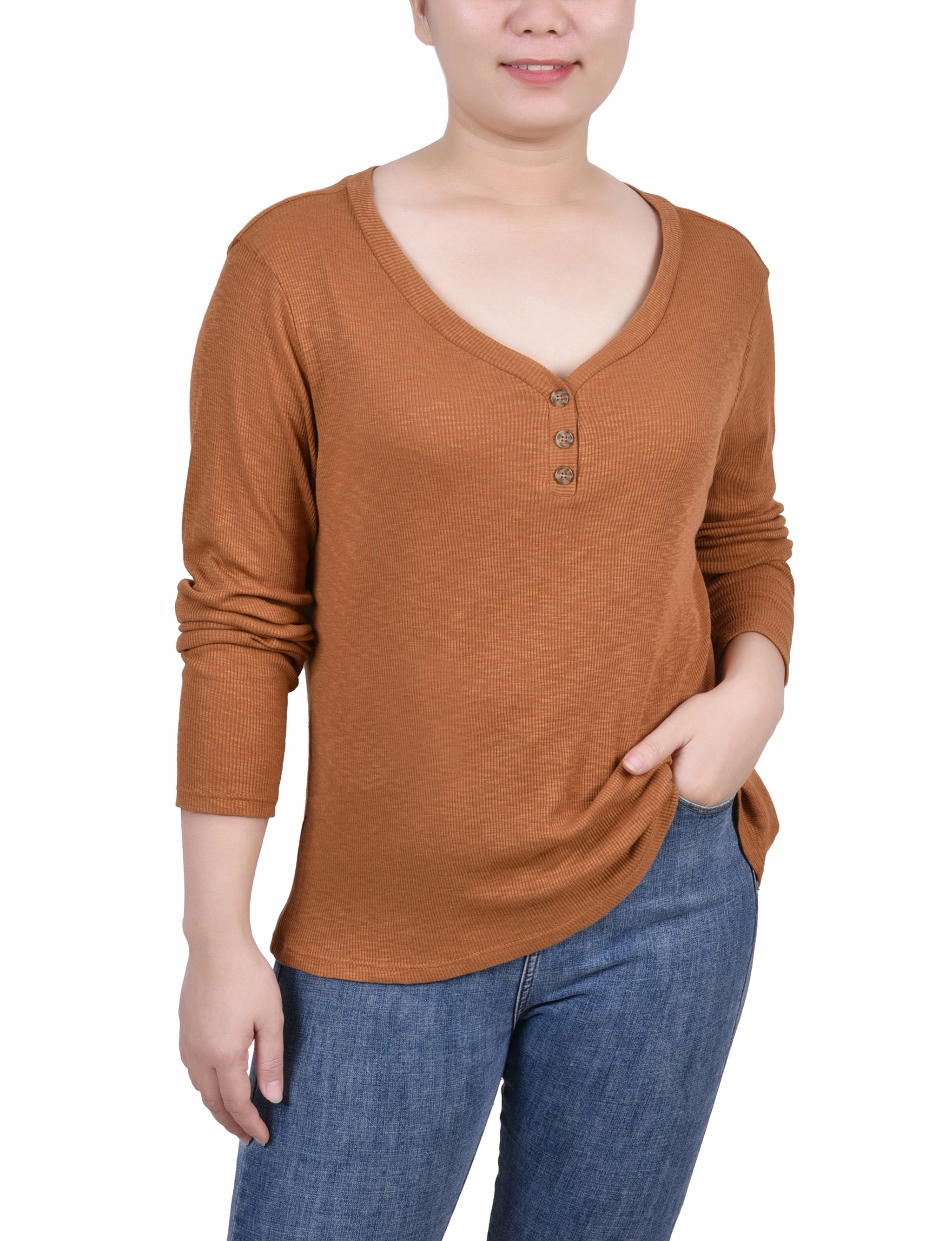 Mesh Panel Details NonChafe Tag Placement Petite Long Sleeve Ribbed Henley Top
