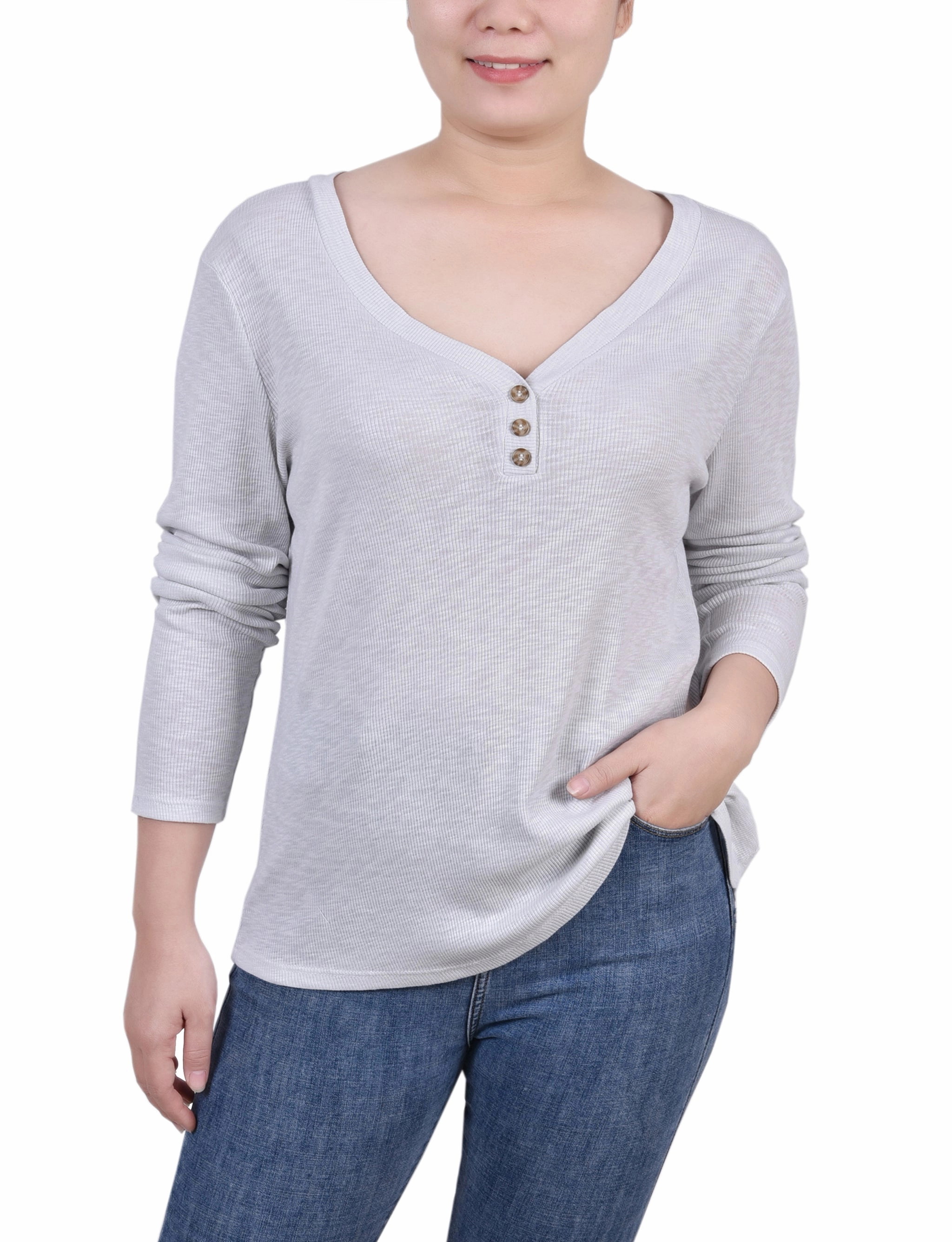 SnagProof Petite Long Sleeve Ribbed Henley Top
