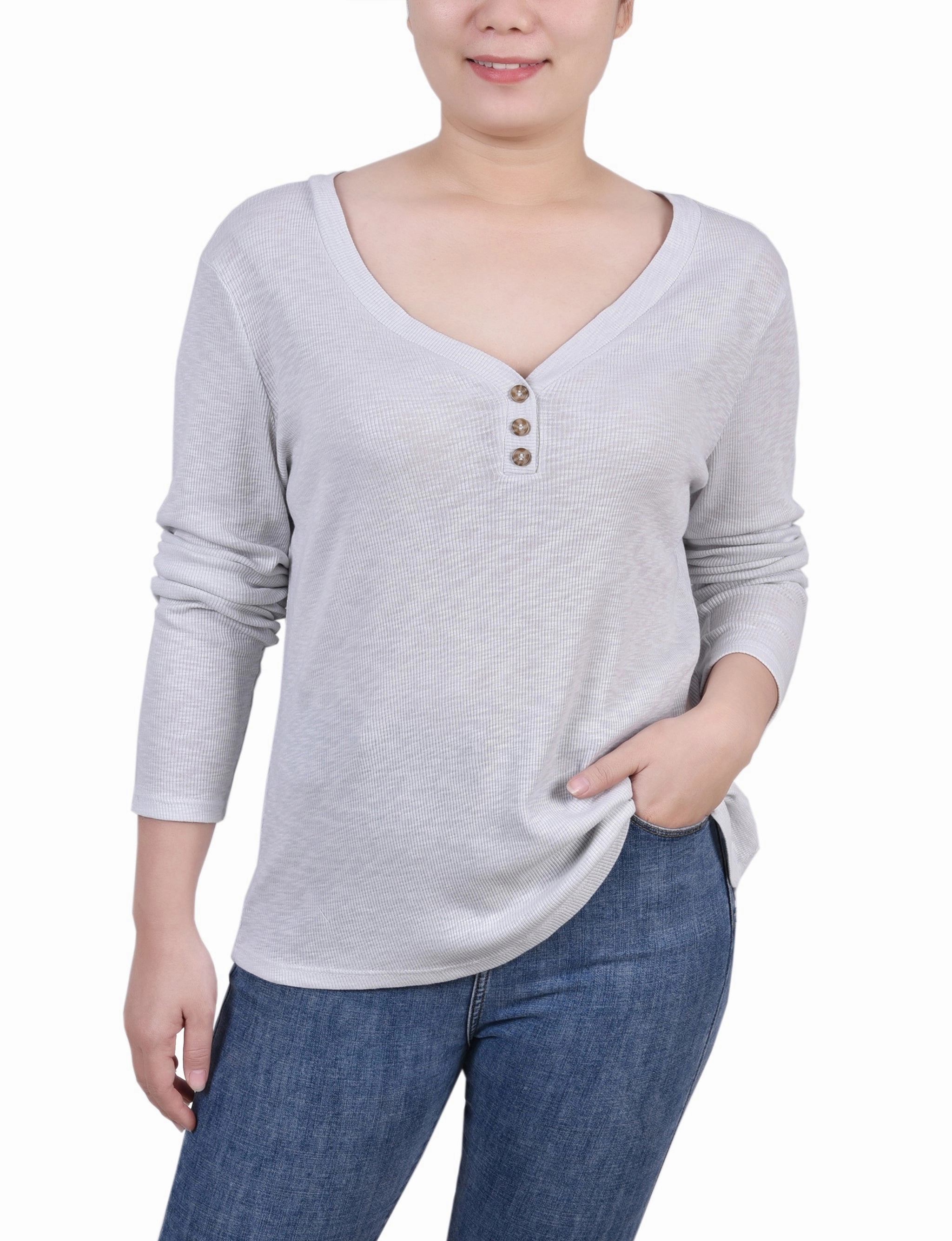 Petite Long Sleeve Ribbed Henley Top AdjustableCuffSystem Bonded Seam Tape