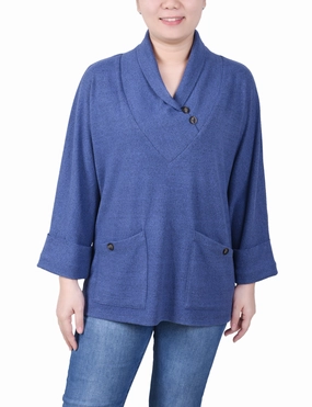 StretchComfortDesign Petite Long Sleeve Shawl Collar Top With Pockets