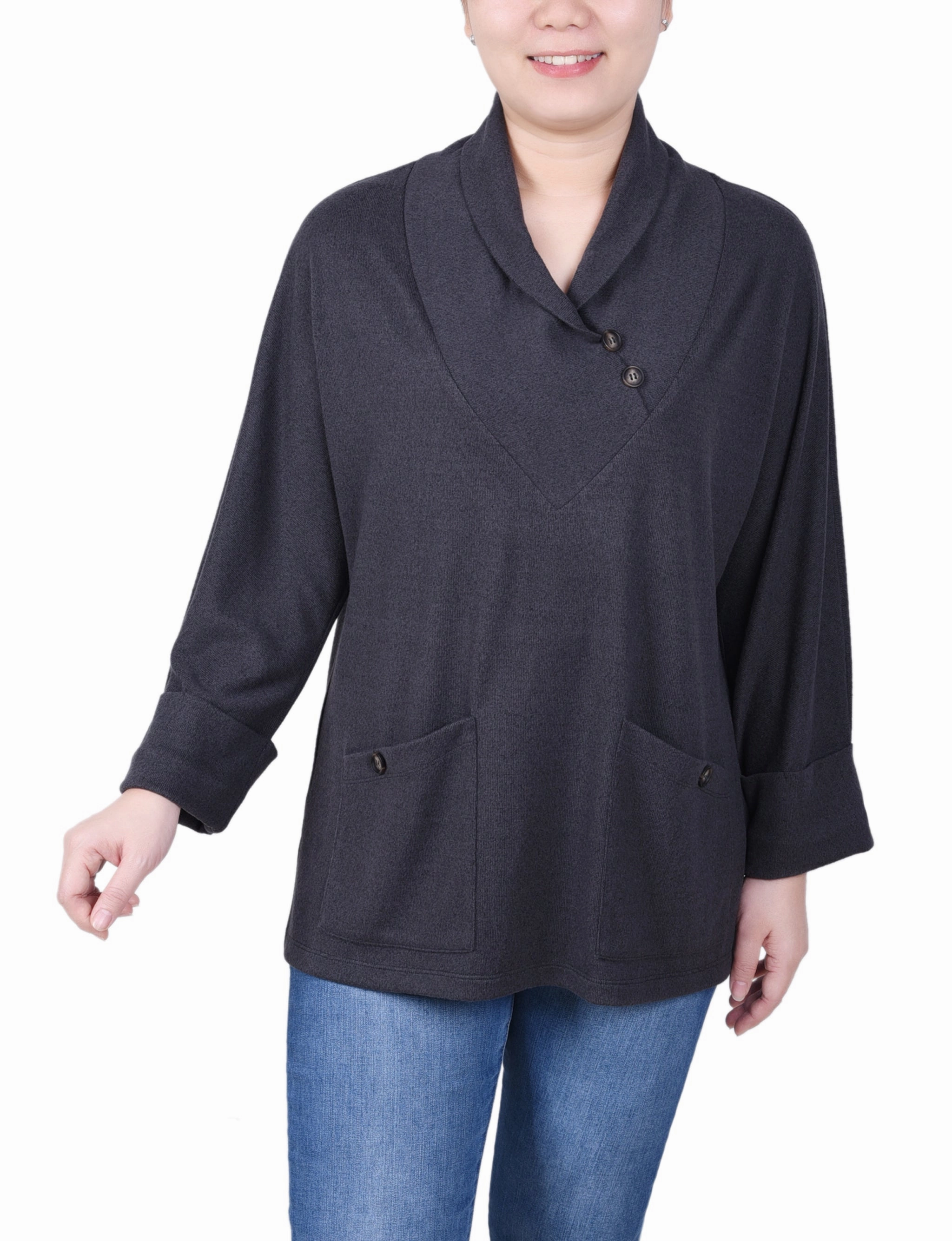 Petite Long Sleeve Shawl Collar Top With Pockets Bold Patterns