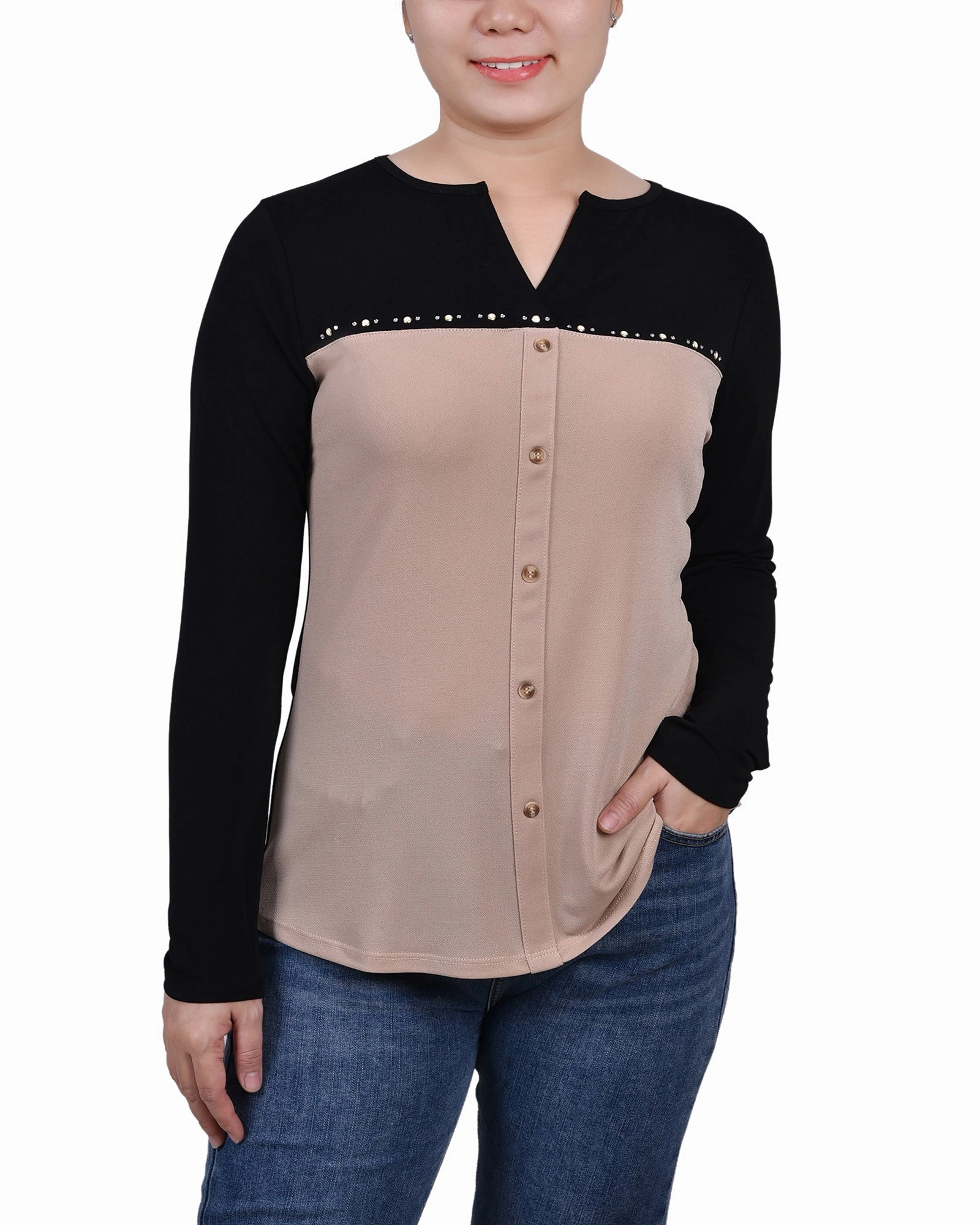 Durable Binding Petite Long Sleeve Studded Colorblocked Split Neck Top
