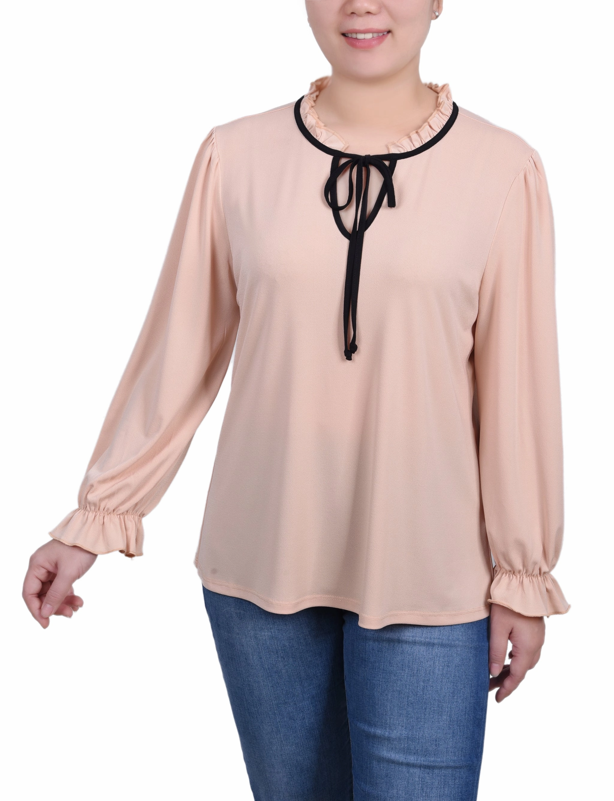 VentedBack Petite Long Sleeve Tie Neck Top