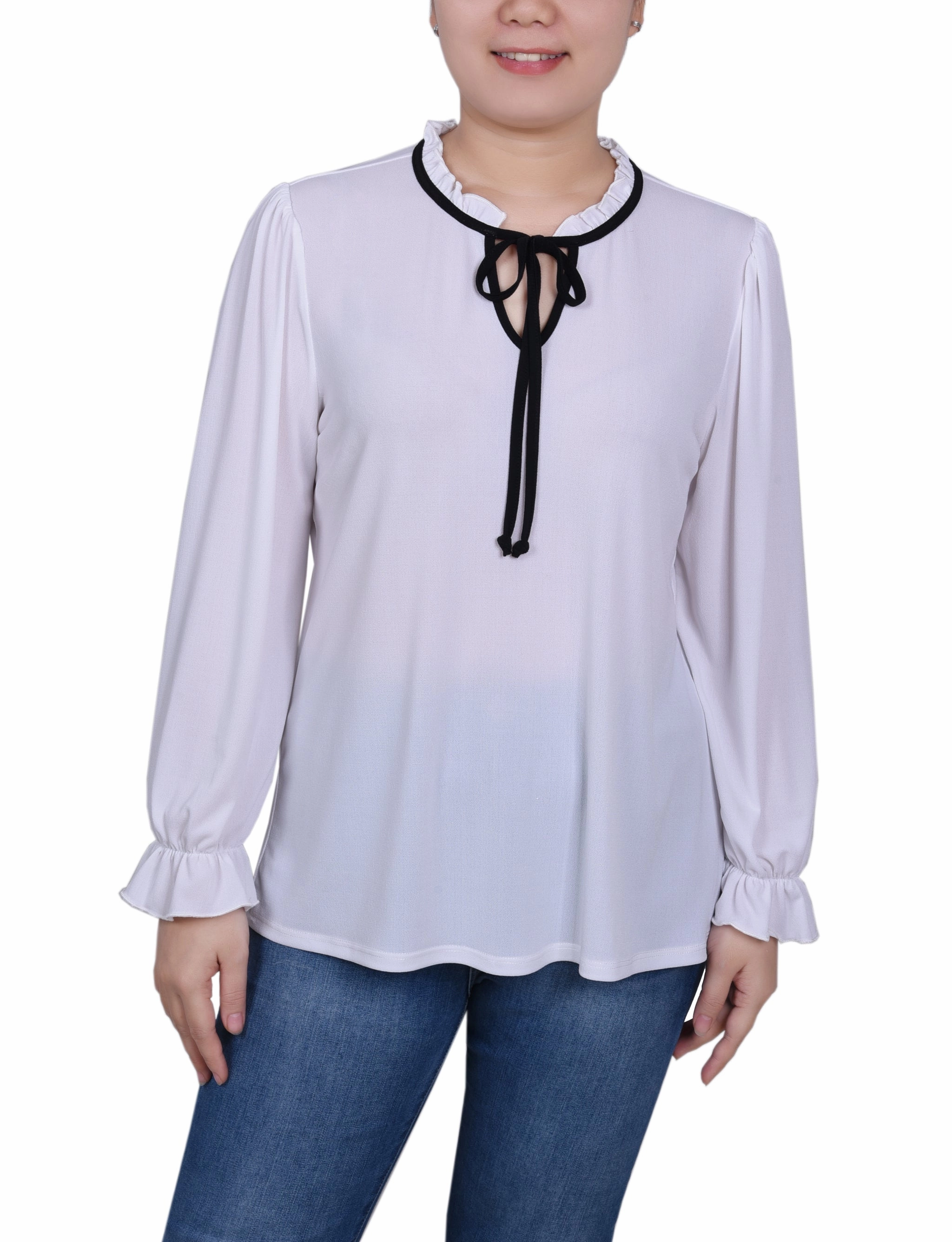 Petite Long Sleeve Tie Neck Top FlexibleElasticatedEdging