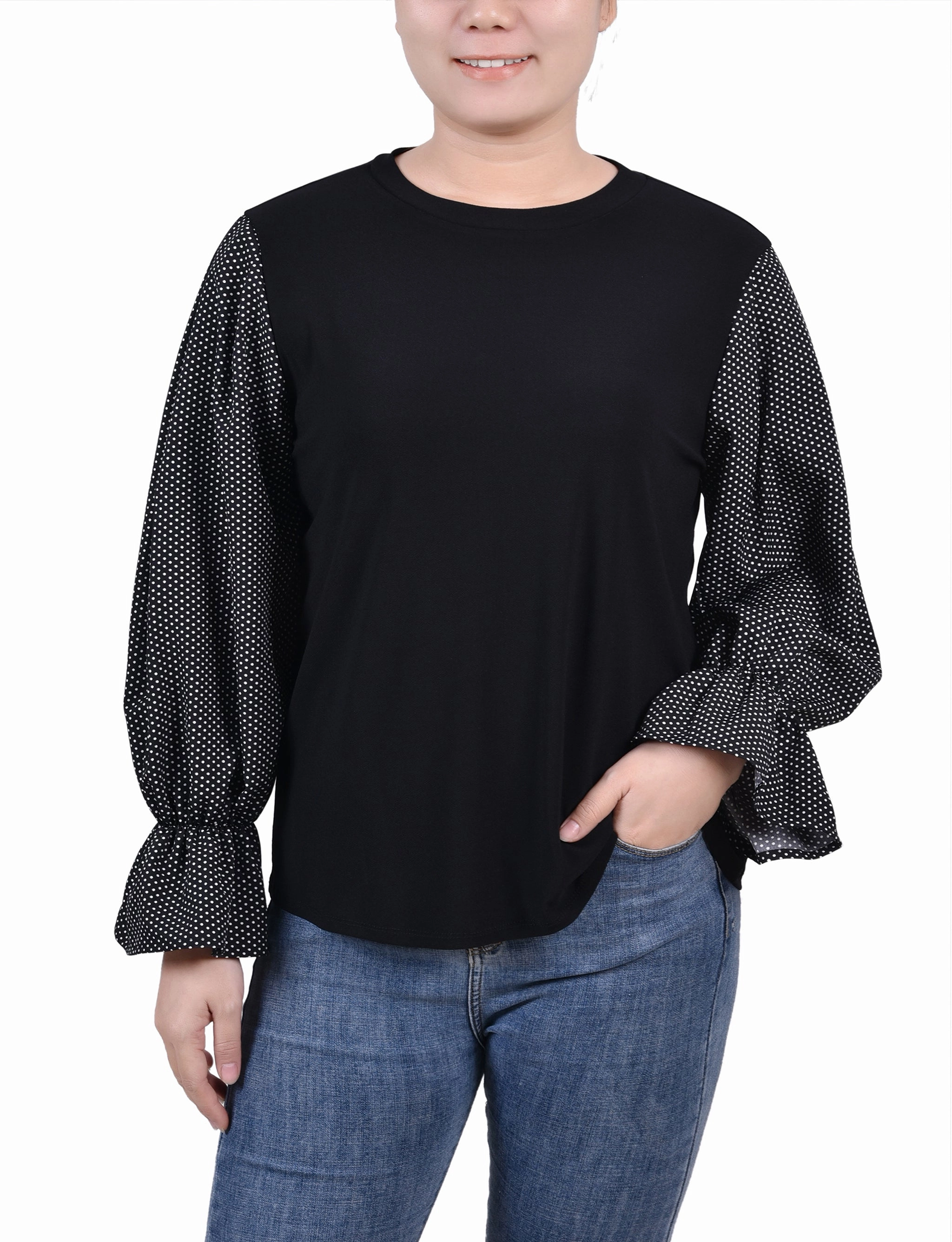 Petite Long Sleeve Top With Printed Sleeves ColorfastMaterial