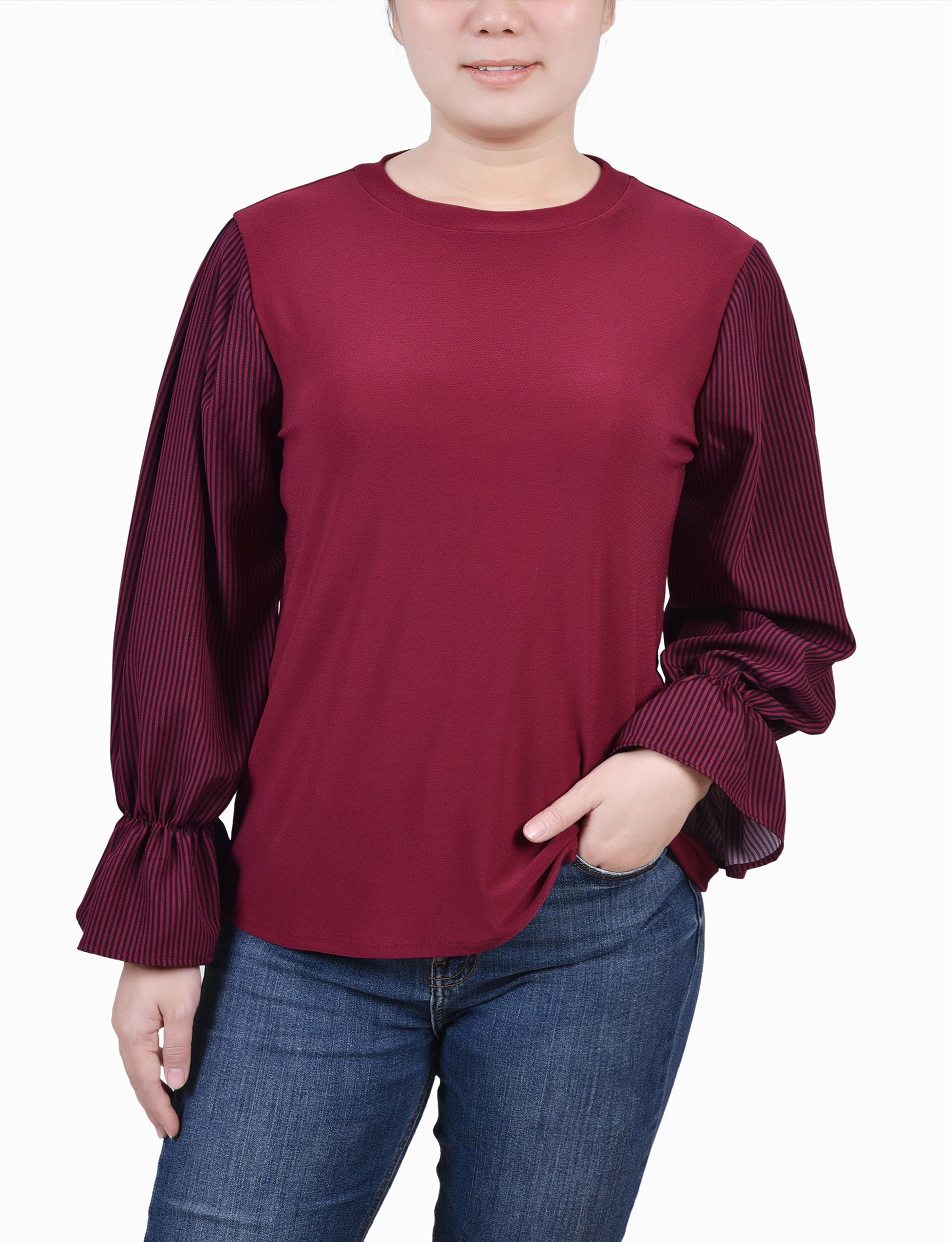 Bound Seam Edges Petite Long Sleeve Top With Printed Sleeves