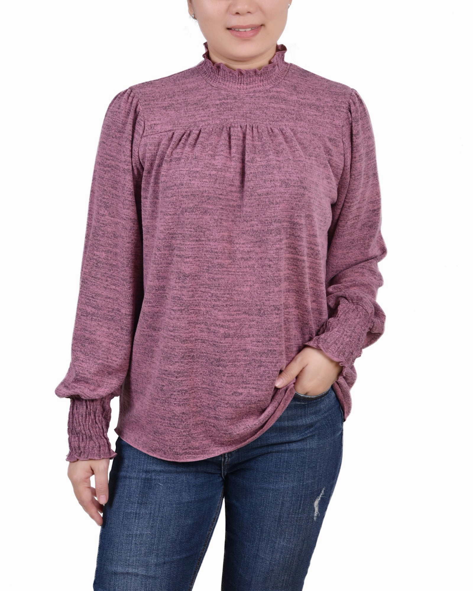 ColorfastMaterial Slim Fit Shirt Petite Long Sleeve Top With Smocking Details