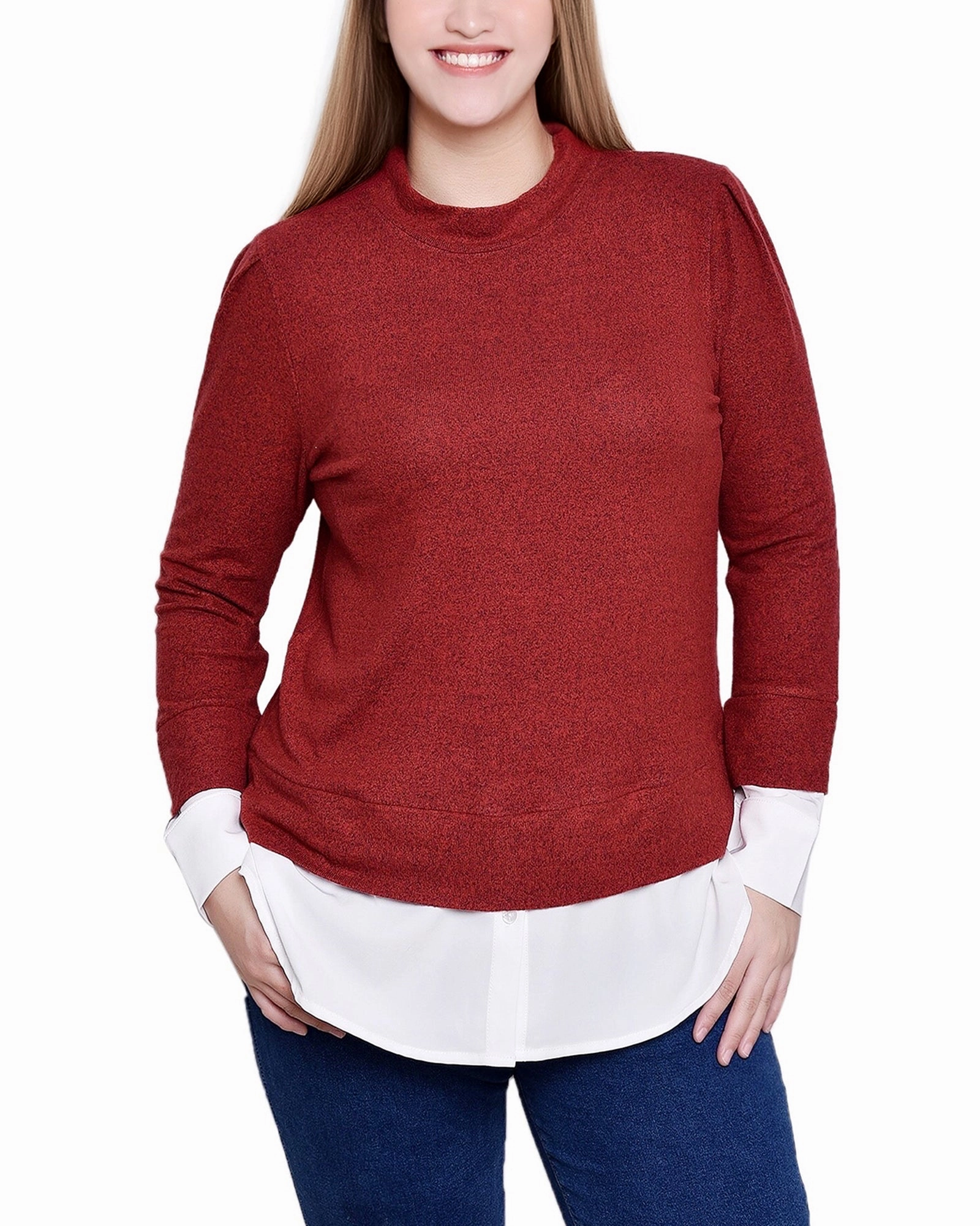 Petite Long Sleeve Two-Fer Top Anti Odor Finish