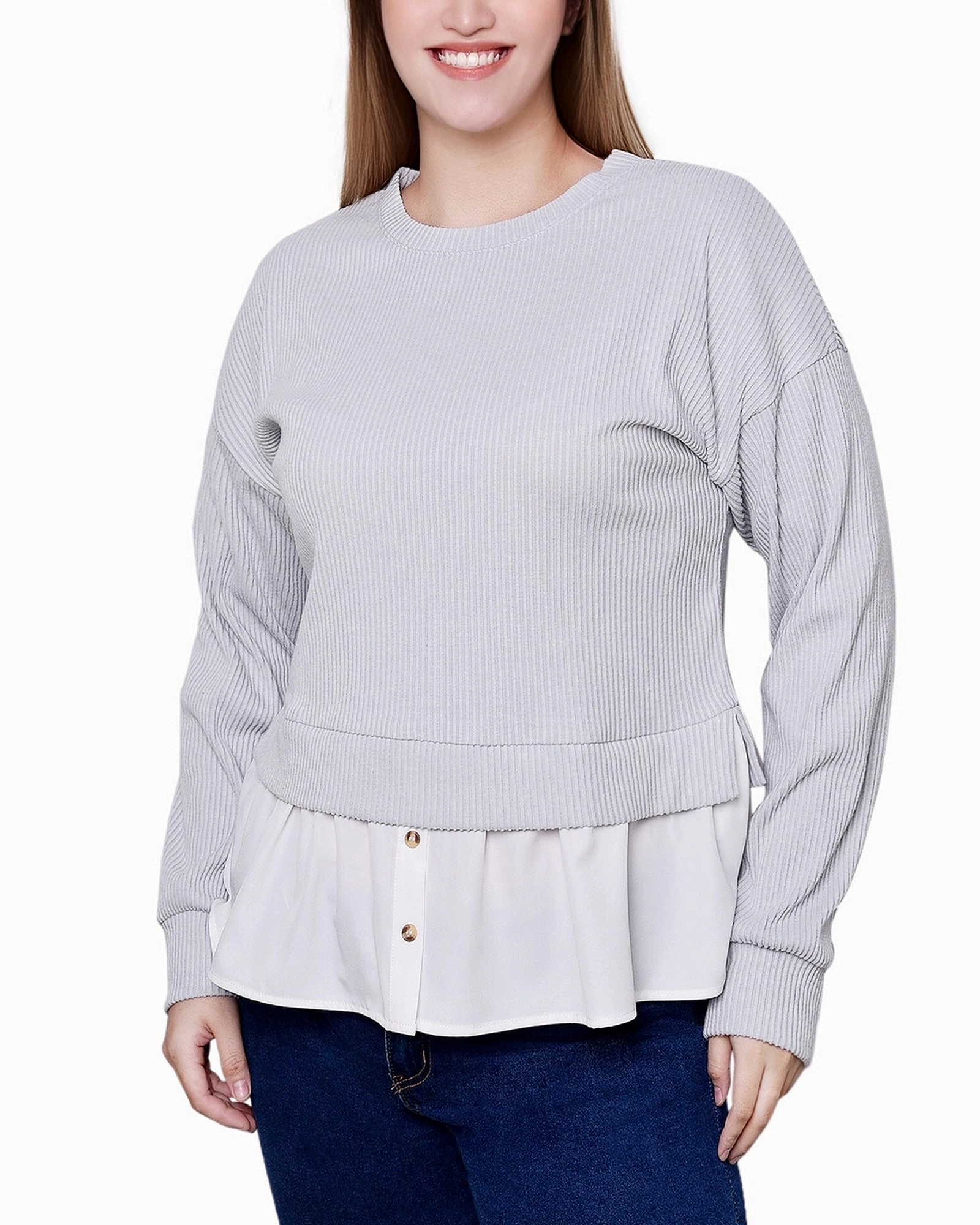 Quick Release Fastener Petite Long Sleeve Two-Fer Top With Gathered Inset