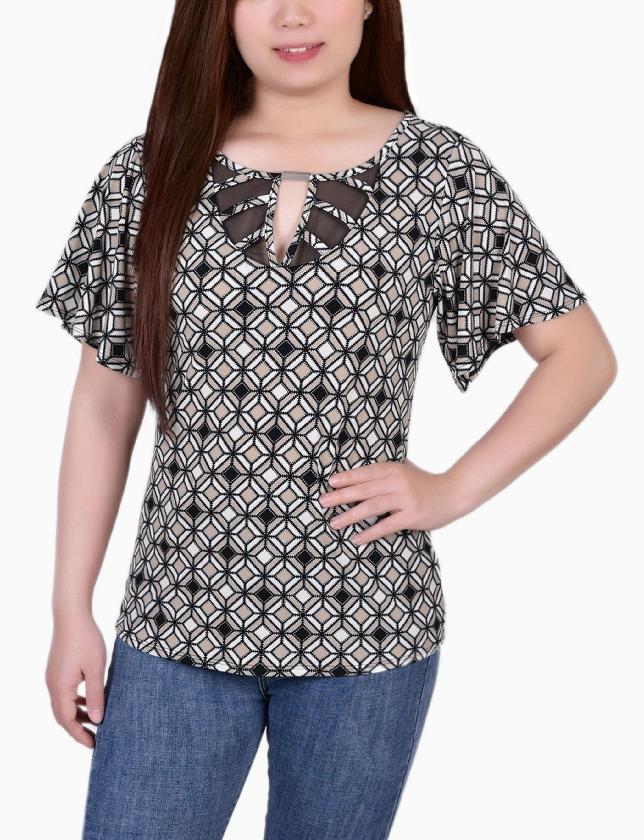 LowMaintenanceFabric SustainableBlend Petite Mesh Flutter Sleeve Knit Top