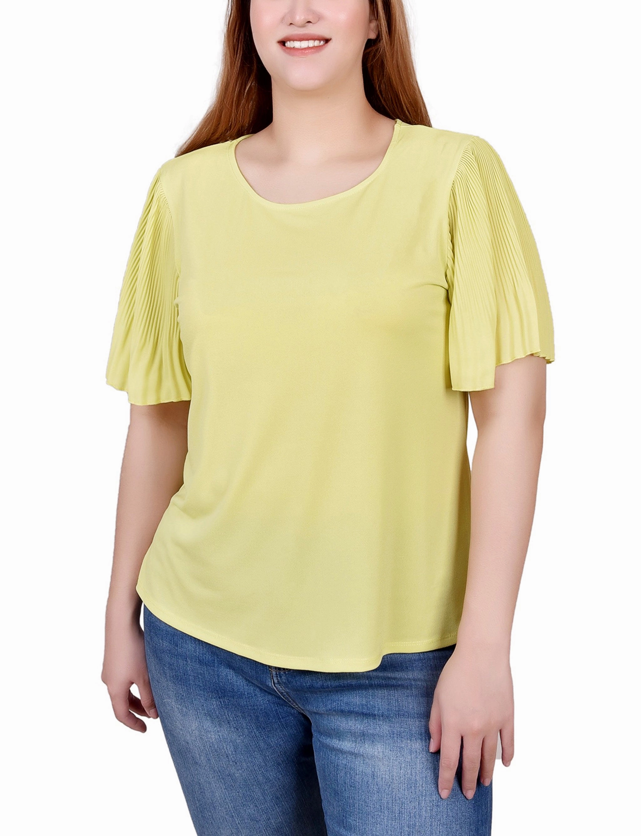 Layered Panel Design Petite Pleated-Sleeve Top