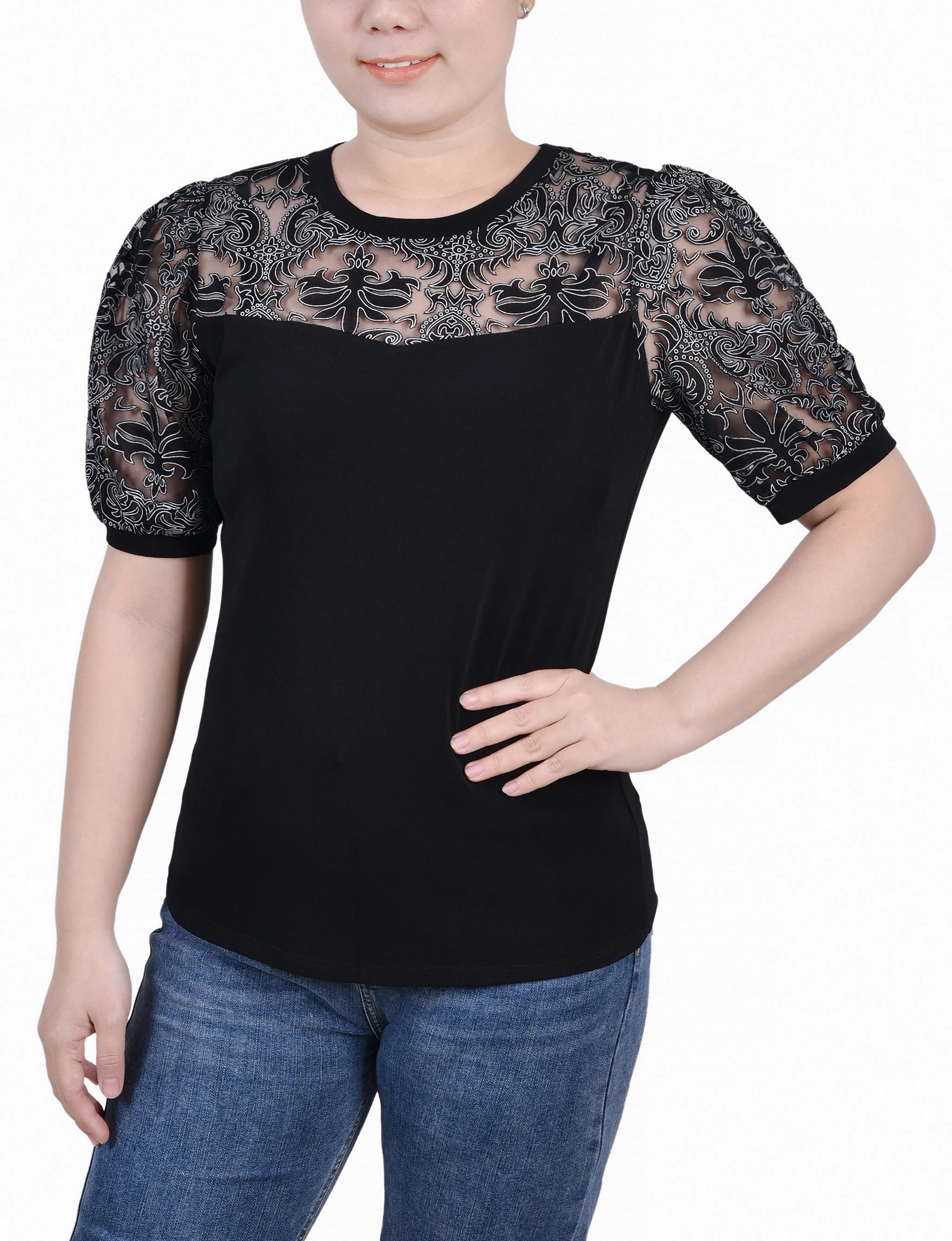 Petite Puff Lace-Sleeve Top AllDay Comfort FlexibleCuff
