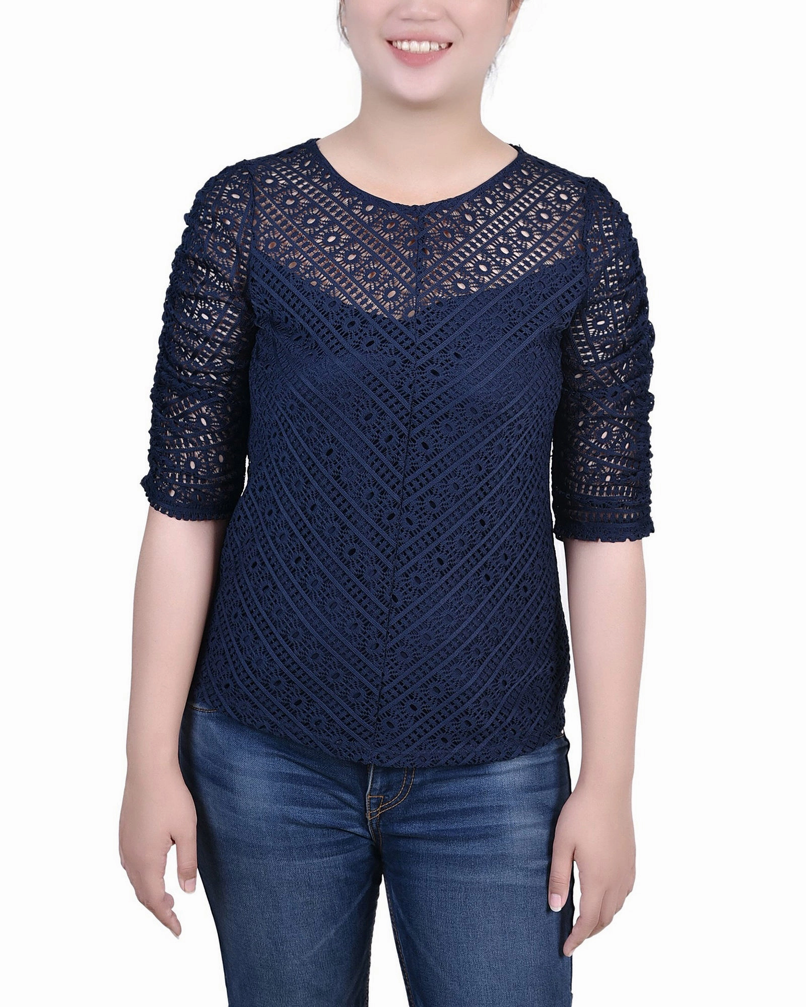 Petite Rouched Sleeve Lace Top Low Profile Collar