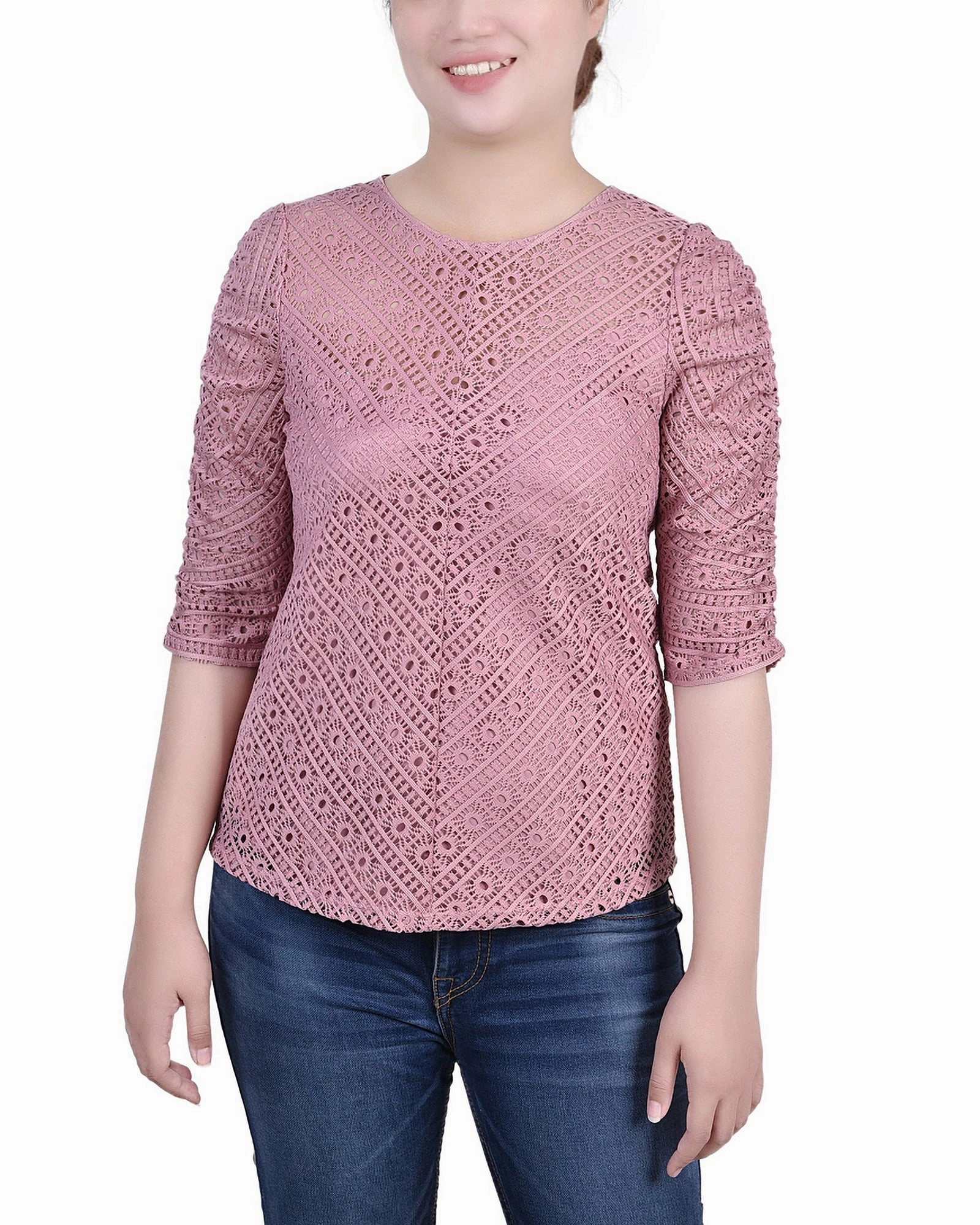 Petite Rouched Sleeve Lace Top RelaxedNeckline SoftBrushed