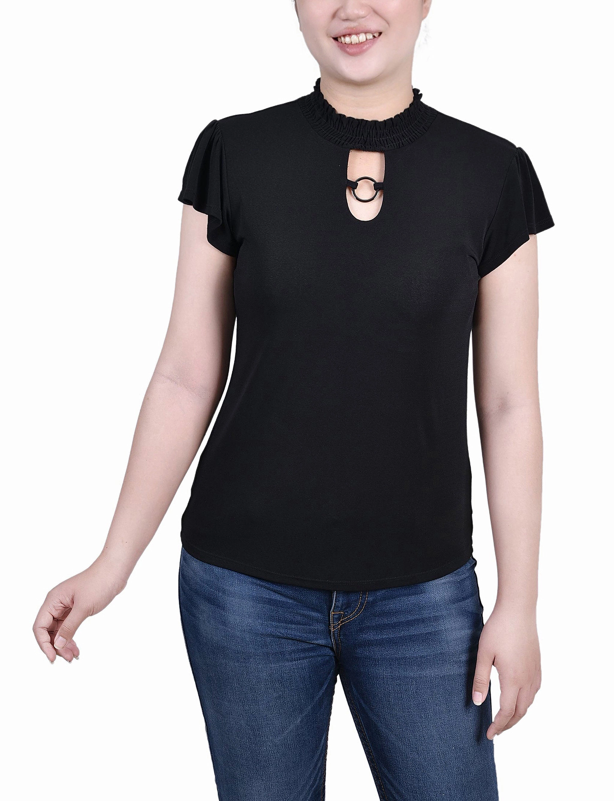 Sun Protective Fabric Petite Short Flutter Sleeve Mock Neck Top