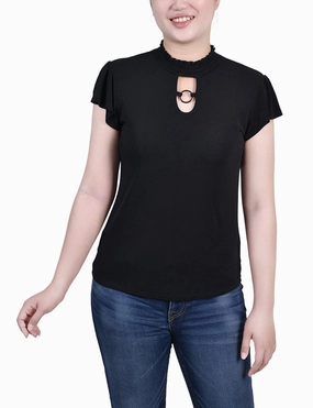 Compression Fit Engineering Petite Short Flutter Sleeve Mock Neck Top