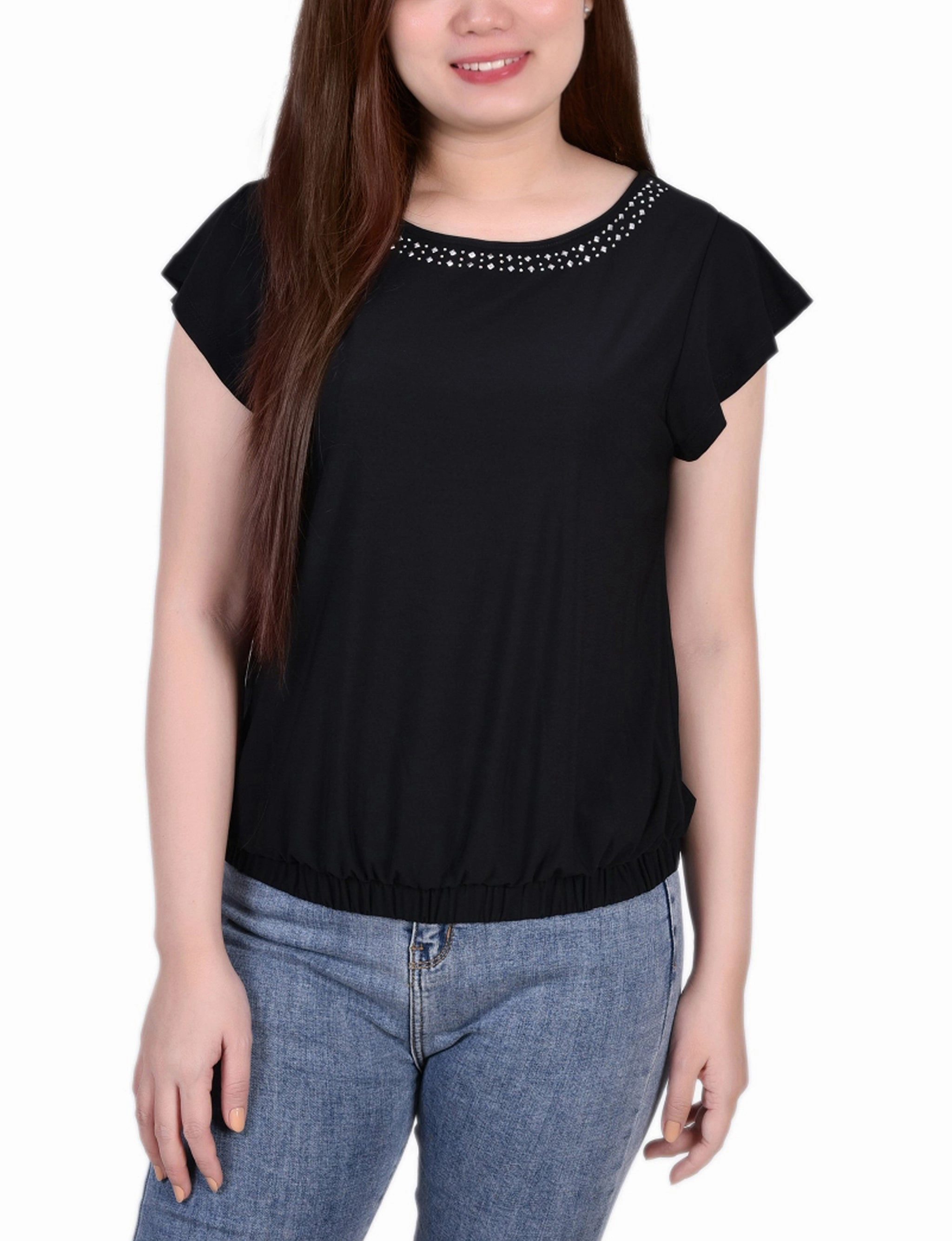 FlexibleWaistband Petite Short Flutter Sleeve Top With Studded Neckline