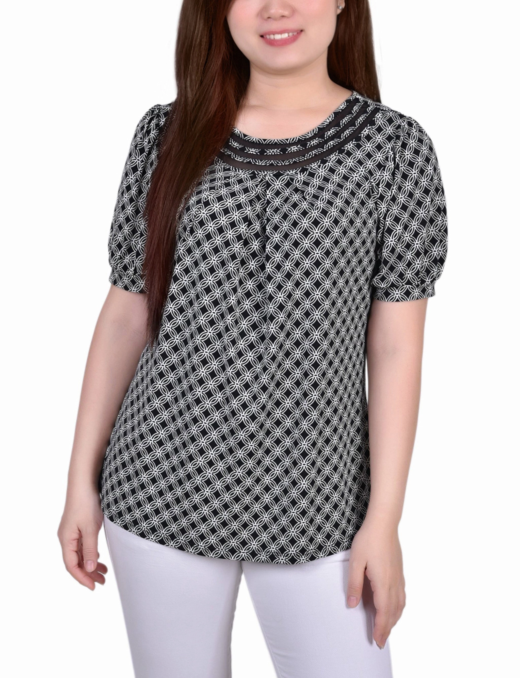 Petite Short Puff Sleeve Mesh Inset Top CrossGrain Fabric