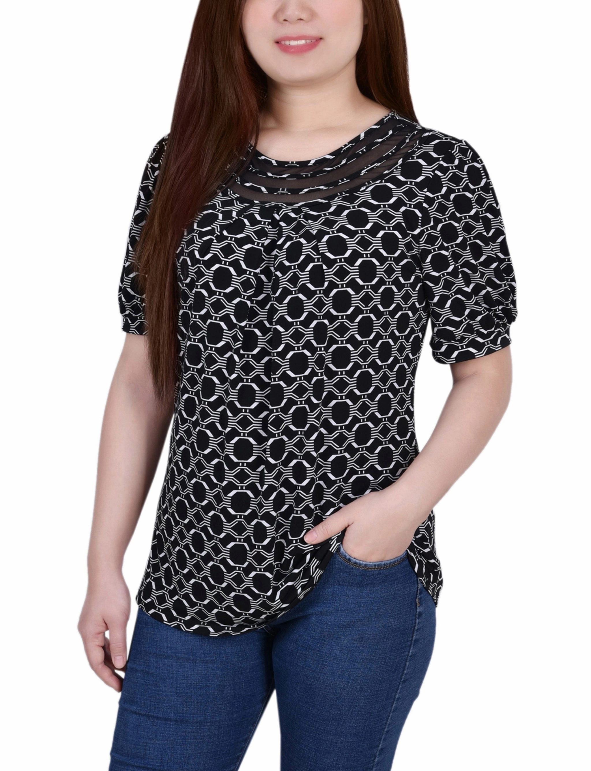 Petite Short Puff Sleeve Sheer Inset Top Athletic Look HighDensityFoam