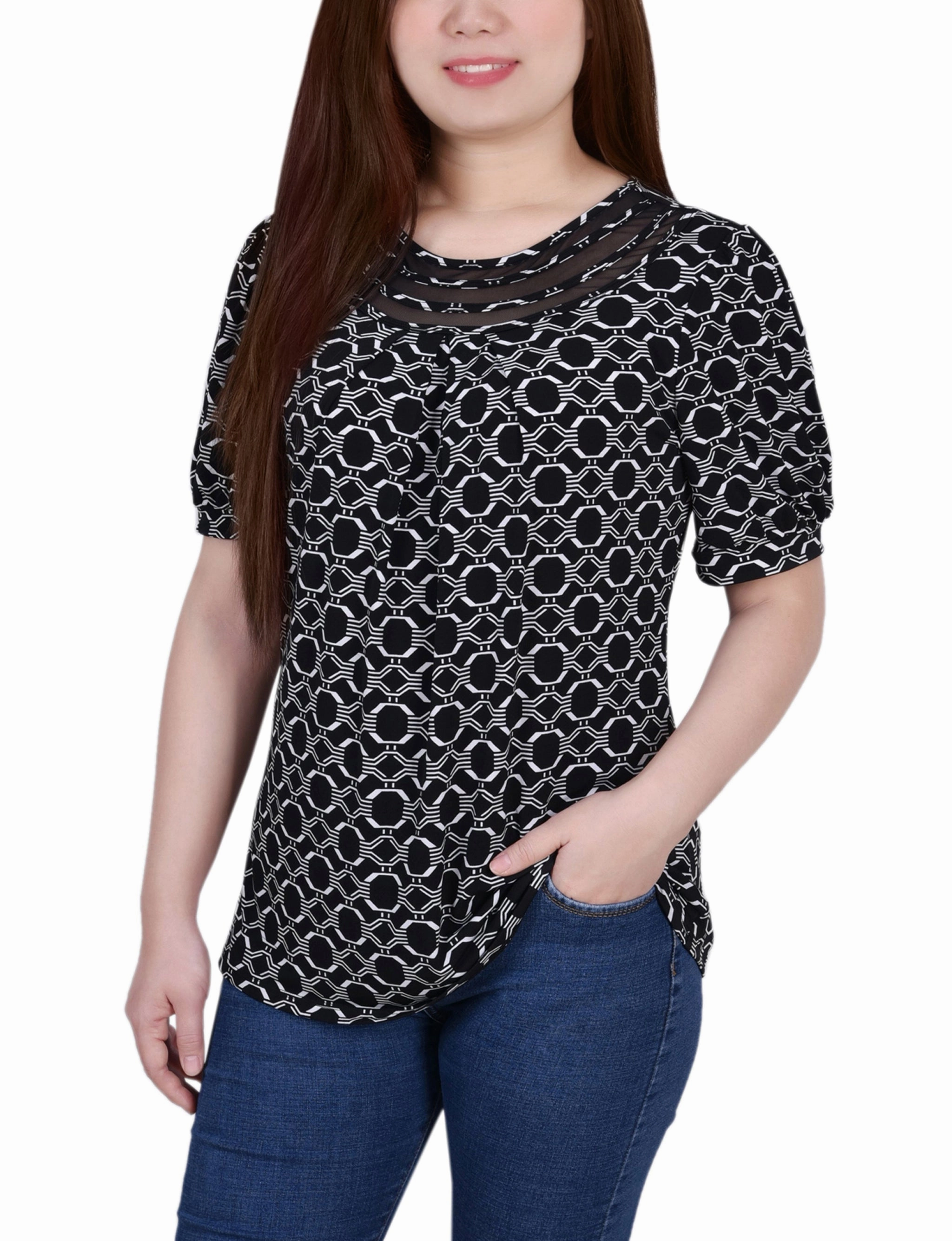 Petite Short Puff Sleeve Sheer Inset Top Reinforced Seams Hydrophobic Surface Treatment