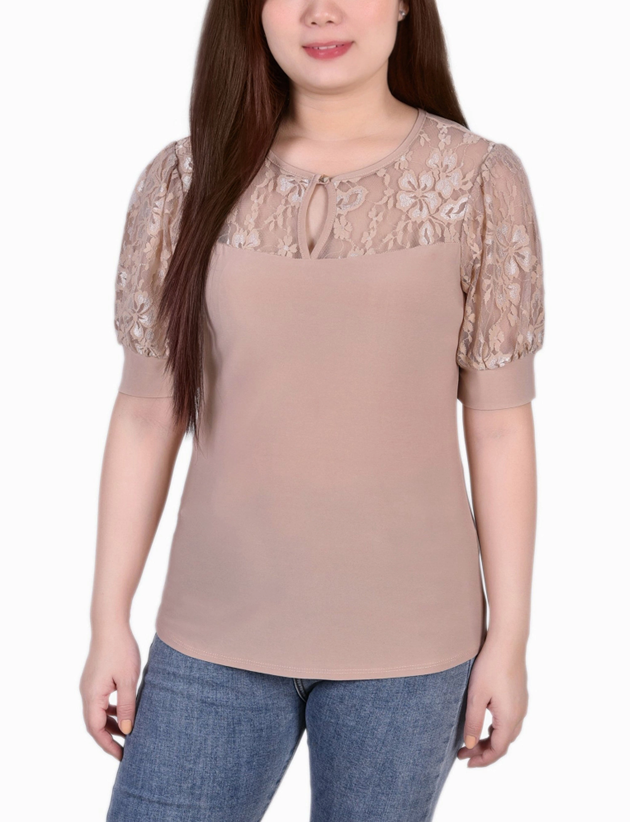 Petite Short Puff Sleeve Top With Lace Sleeves And Yoke ErgonomicShape