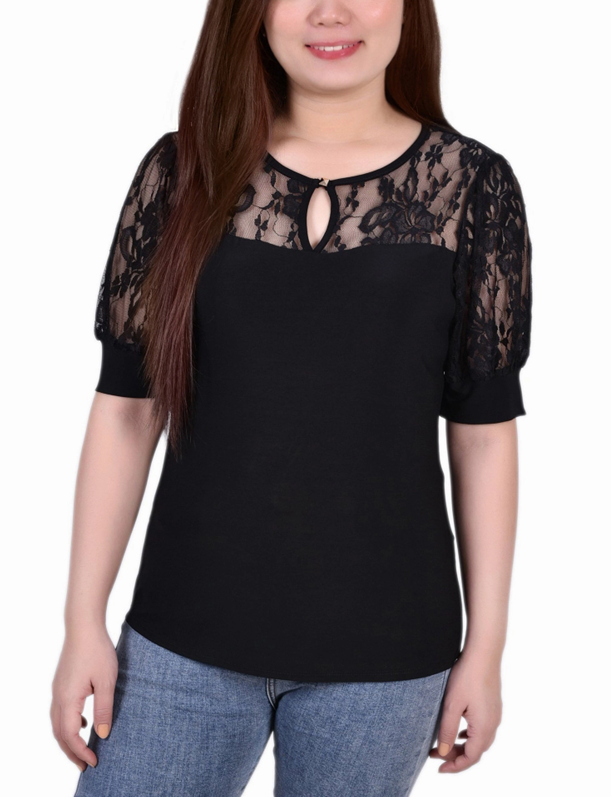 ContouredPanels Petite Short Puff Sleeve Top With Lace Sleeves And Yoke